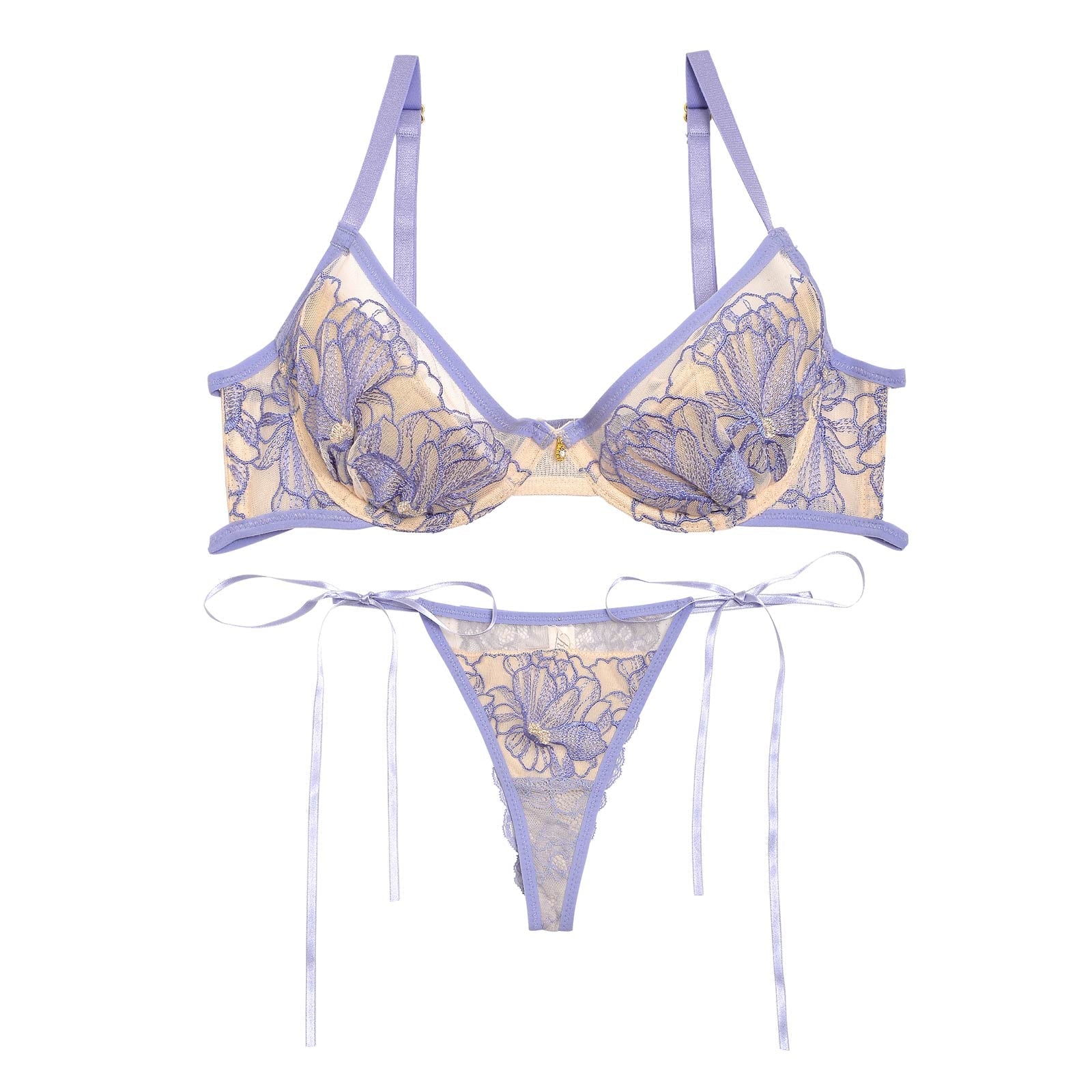 永尾まりや着用【Reinest】ソフトフラワーエンブロイダリーブラジャー&サイド紐バック透けTバックショーツ