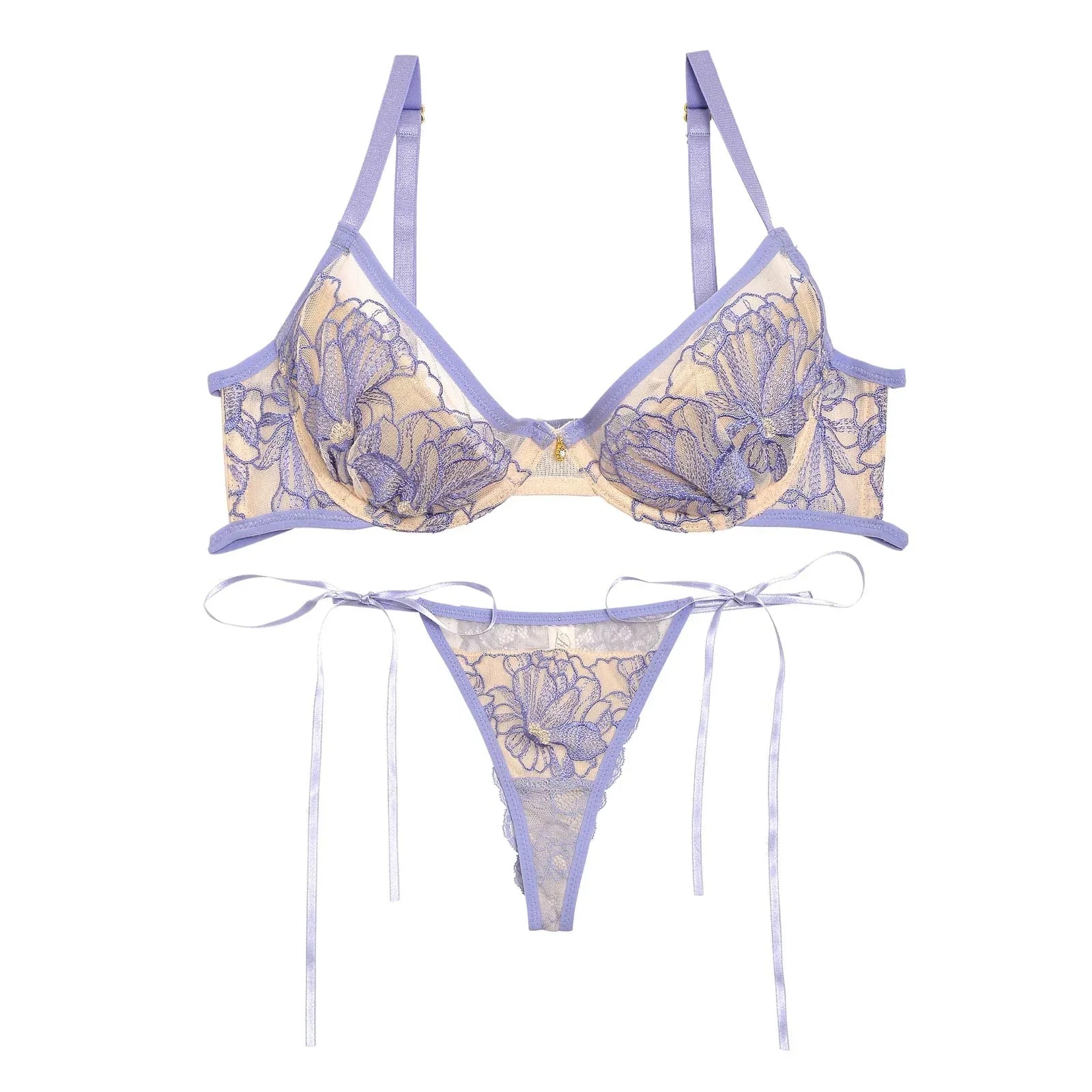 【Reinest】ソフトフラワーエンブロイダリーブラジャー&サイド紐バック透けTバックショーツ - 【公式】247Lingerie