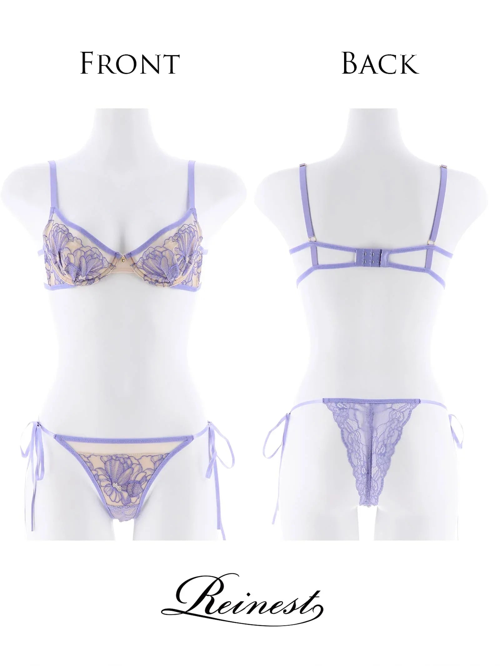 【Reinest】ソフトフラワーエンブロイダリーブラジャー&サイド紐バック透けTバックショーツ - 【公式】247Lingerie