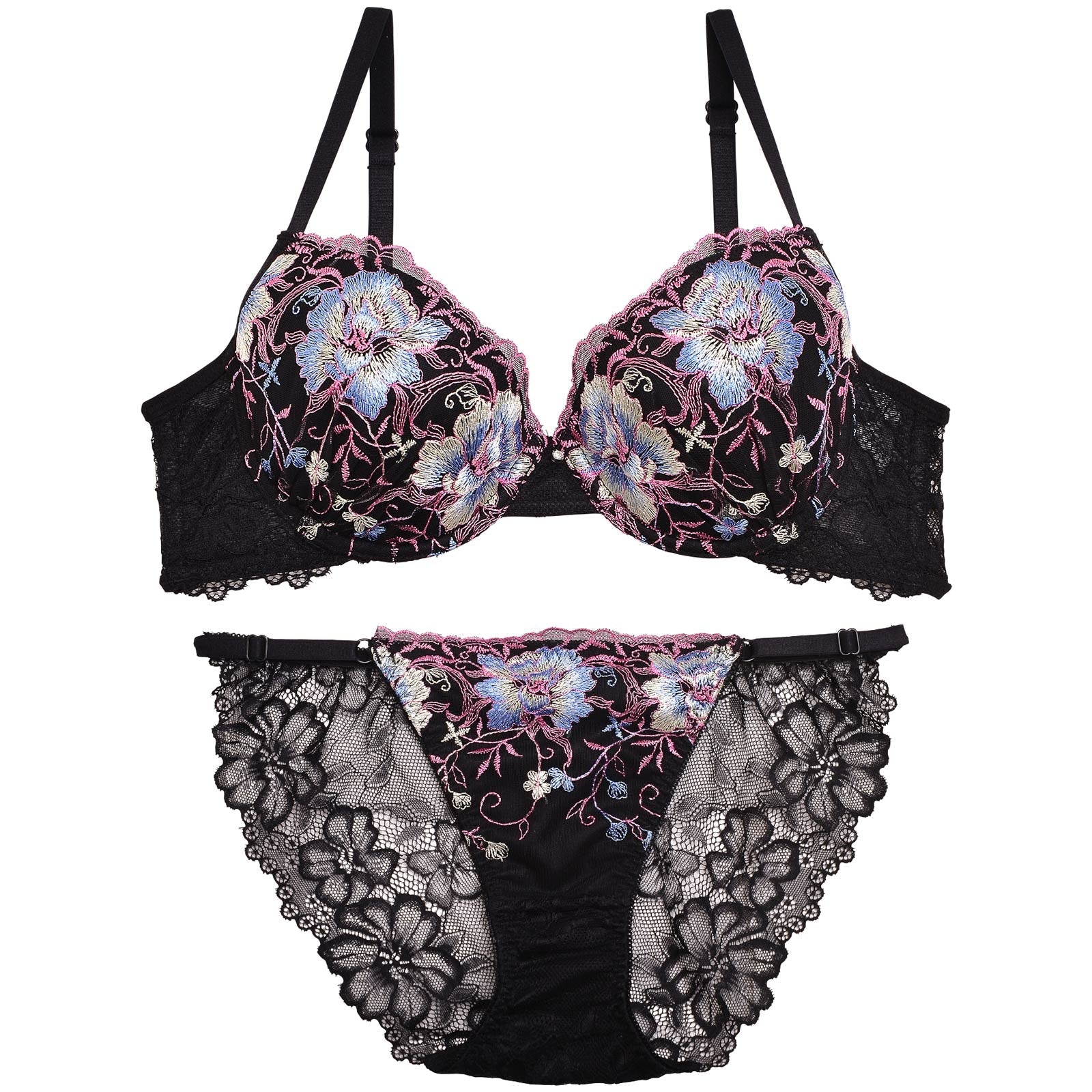 【Reinest】ディープフラワーエンブロイダリーブラジャー&バック透けフルバックショーツ
