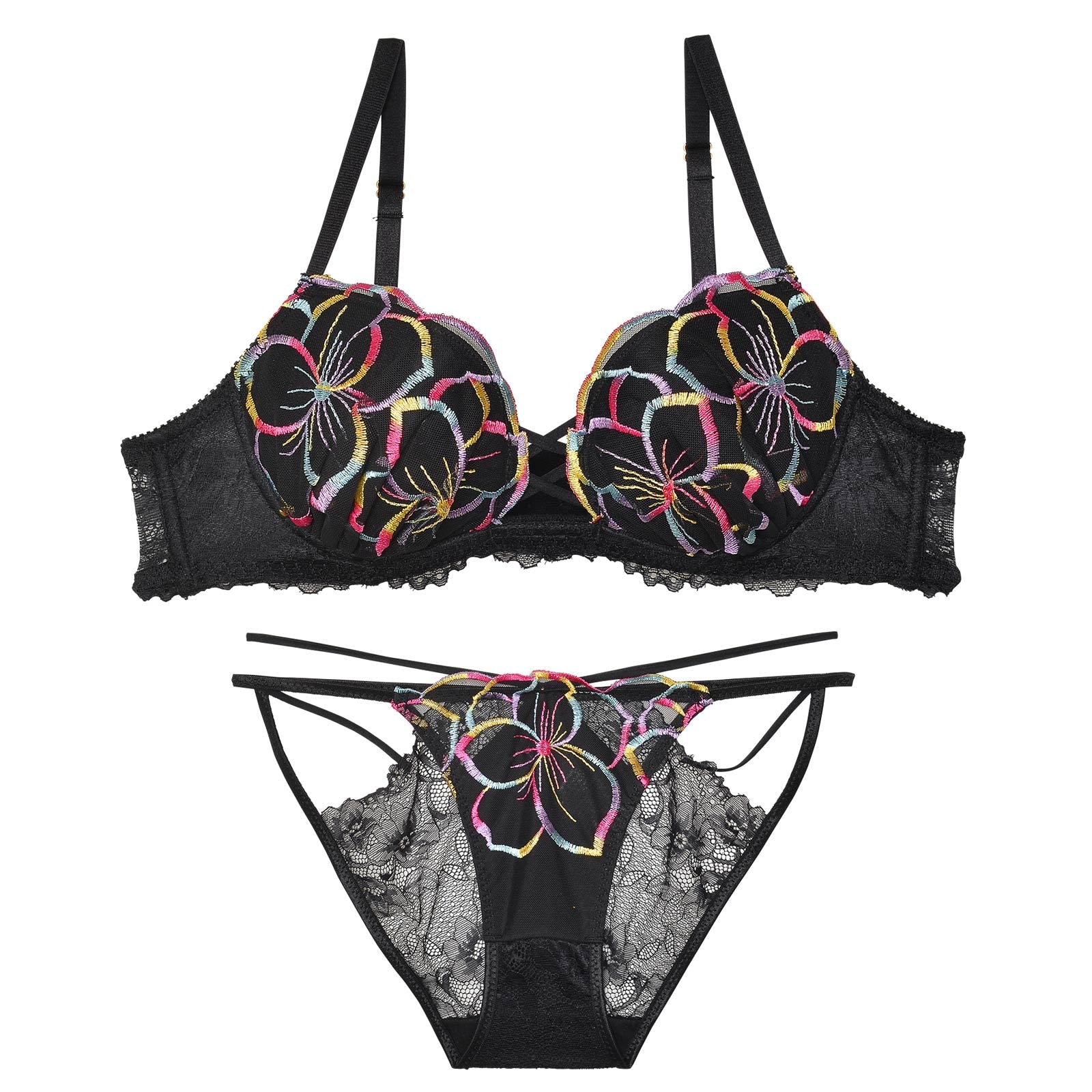 【Reinest】レースアップバイブラントフラワーブラジャー&バック透けフルバックショーツ