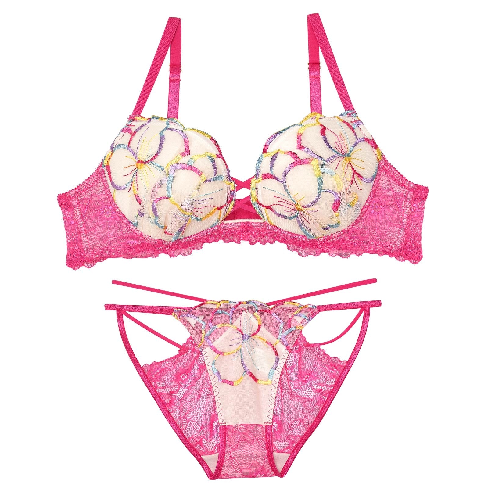 【Reinest】レースアップバイブラントフラワーブラジャー&バック透けフルバックショーツ