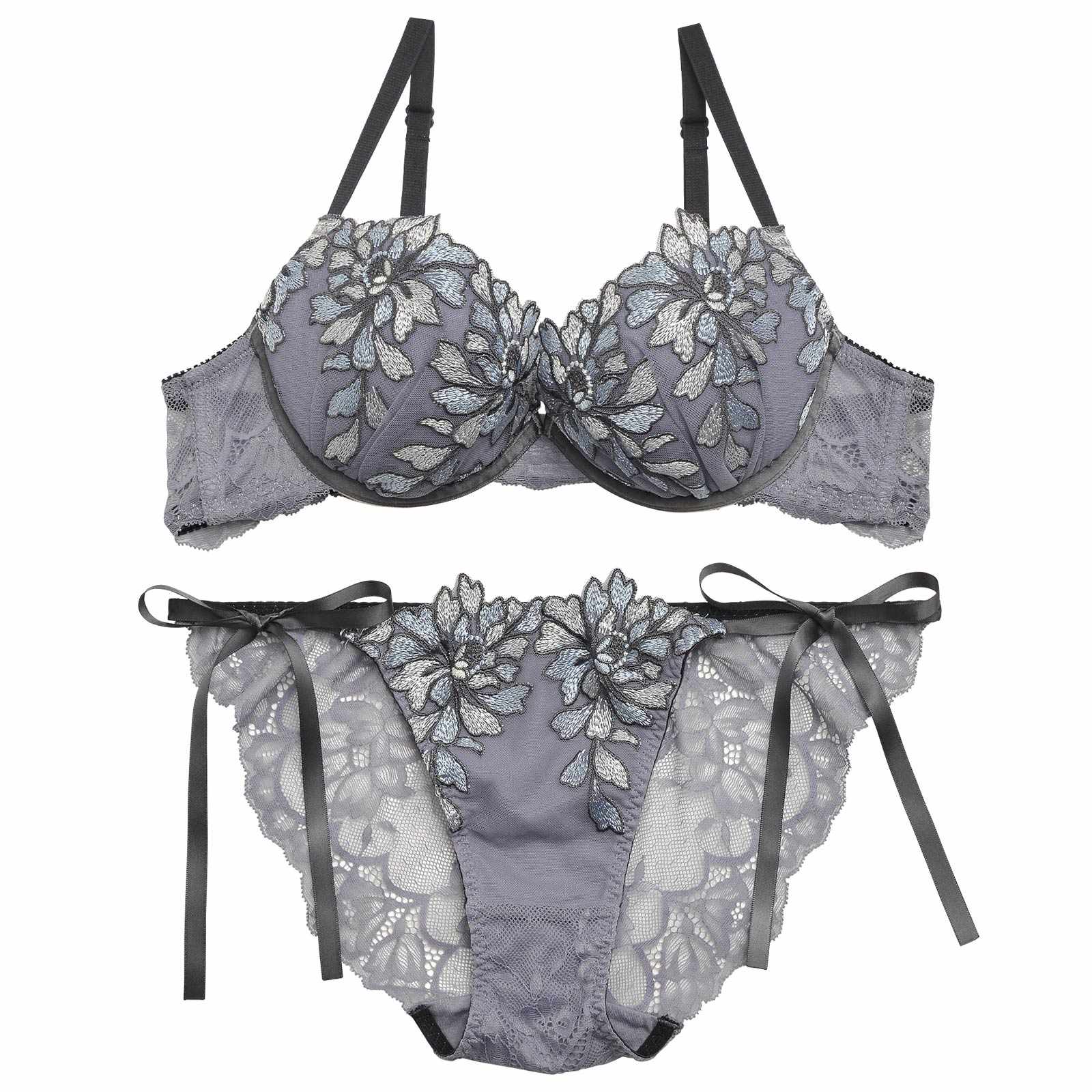 【Reinest】ブリリアントフラワーブラジャー&サイド紐バック透けフルバックショーツ