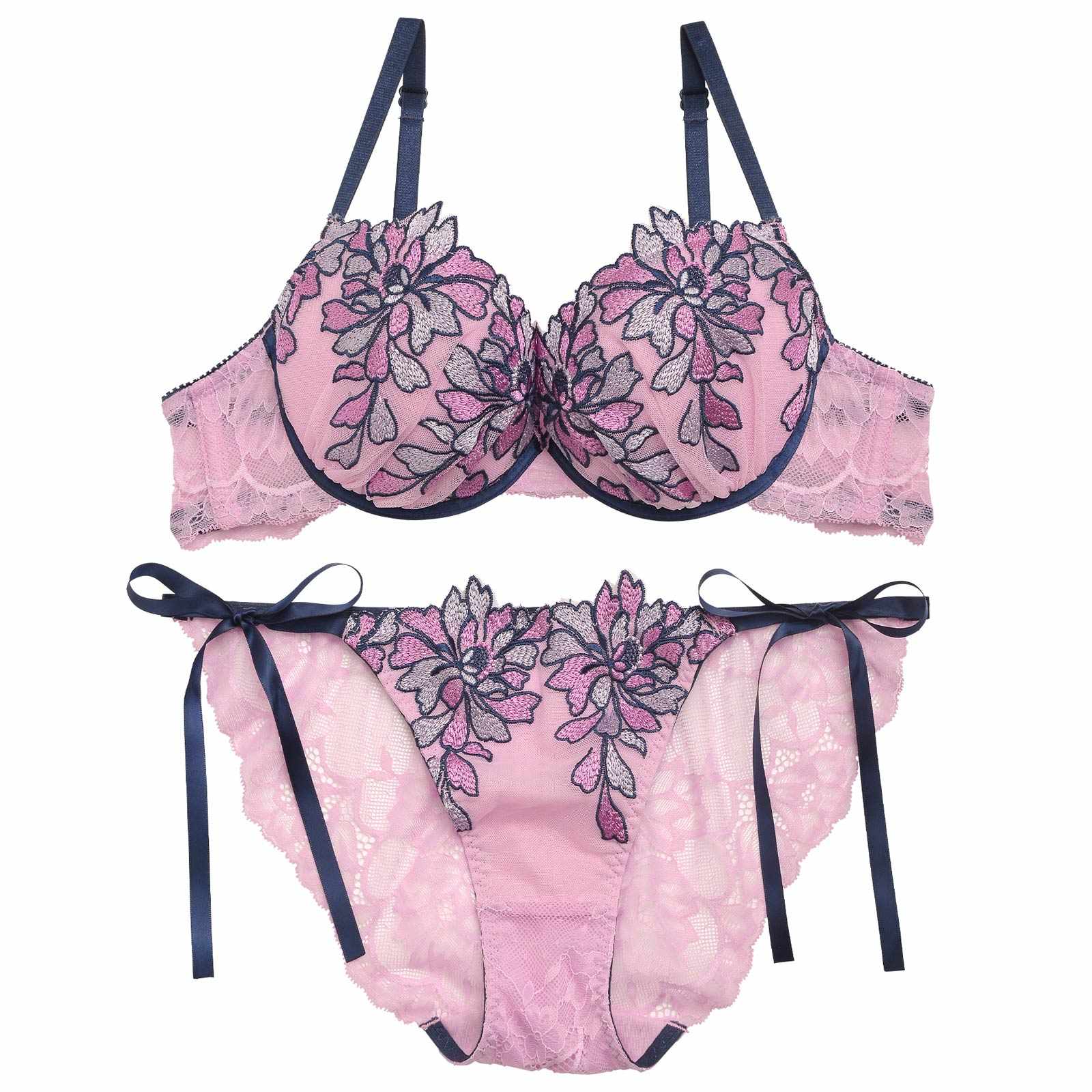 【Reinest】ブリリアントフラワーブラジャー&サイド紐バック透けフルバックショーツ