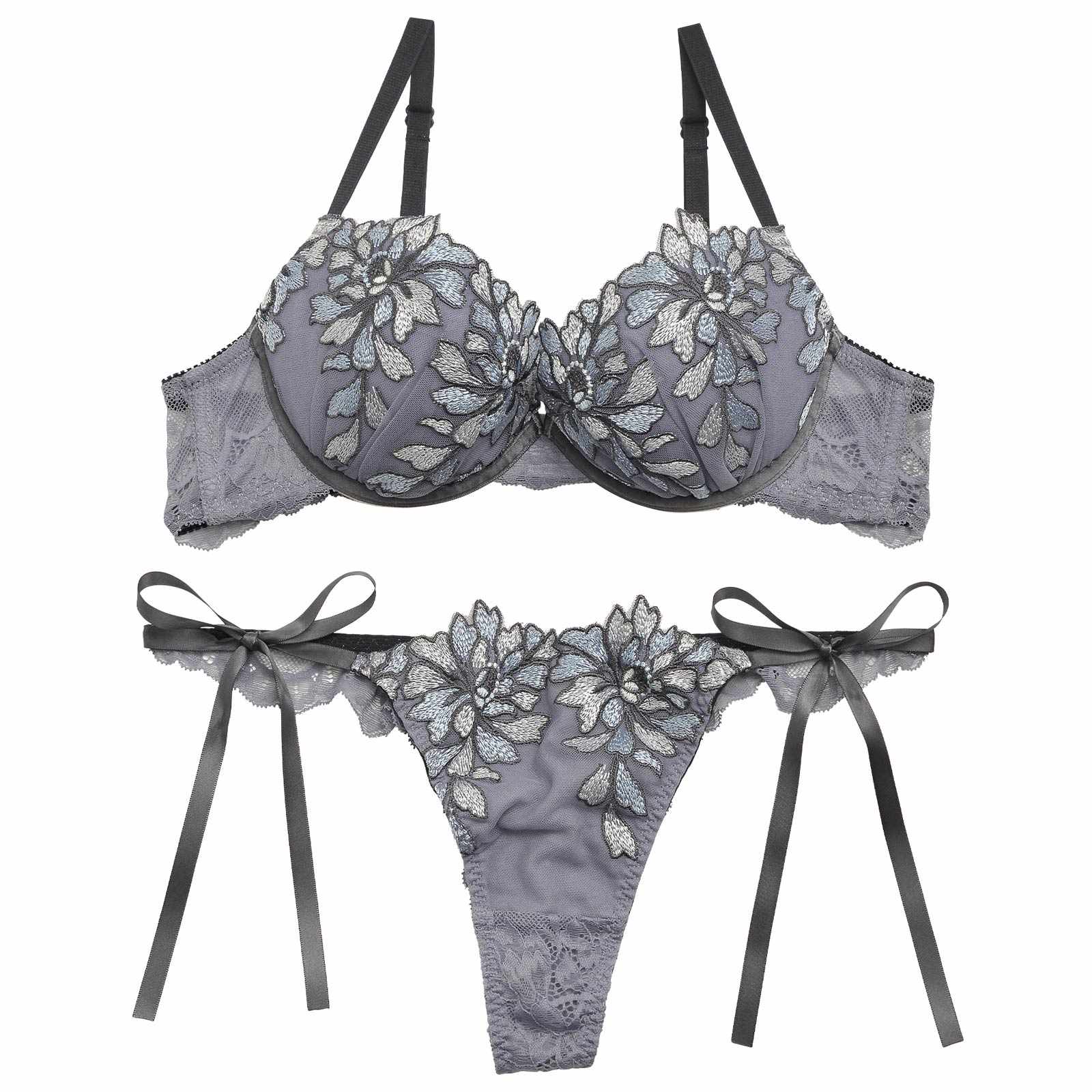 【Reinest】ブリリアントフラワーブラジャー&サイド紐バック透けTバックショーツ