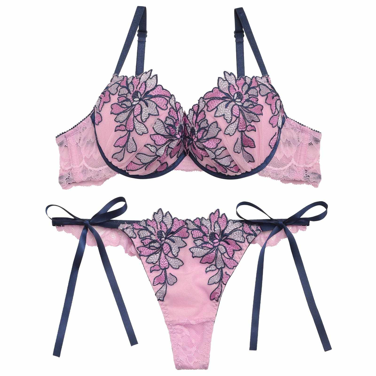 【Reinest】ブリリアントフラワーブラジャー&サイド紐バック透けTバックショーツ