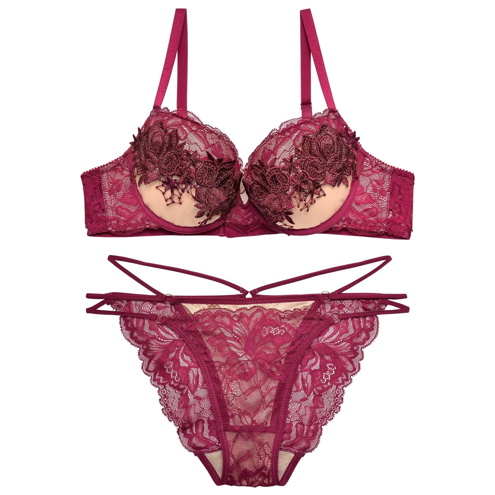 【Reinest】ヌーディーフローラレースブラジャー&バック透けフルバックショーツ