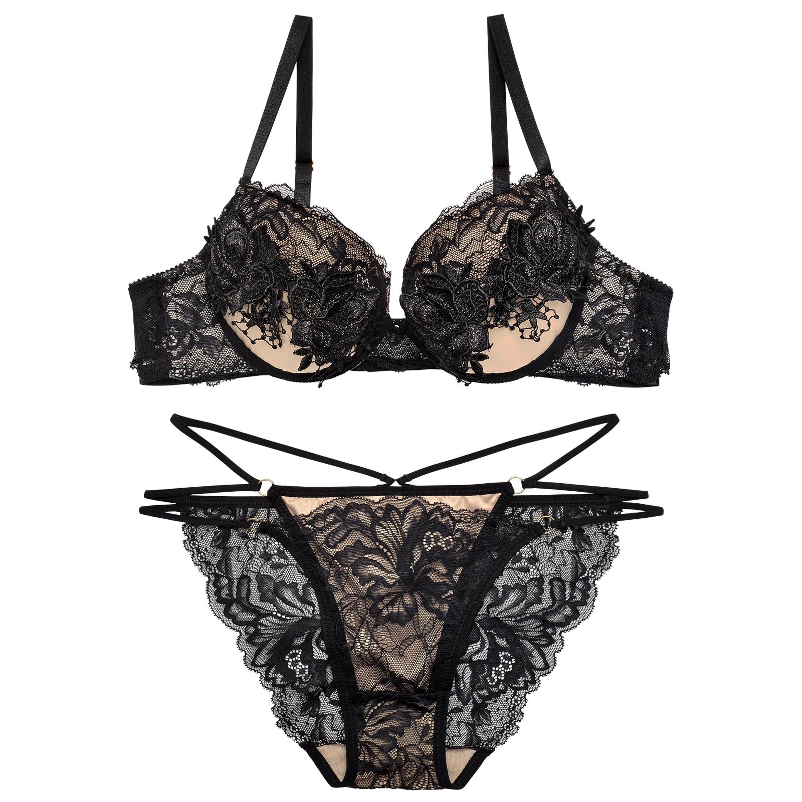 【Reinest】ヌーディーフローラレースブラジャー&バック透けフルバックショーツ