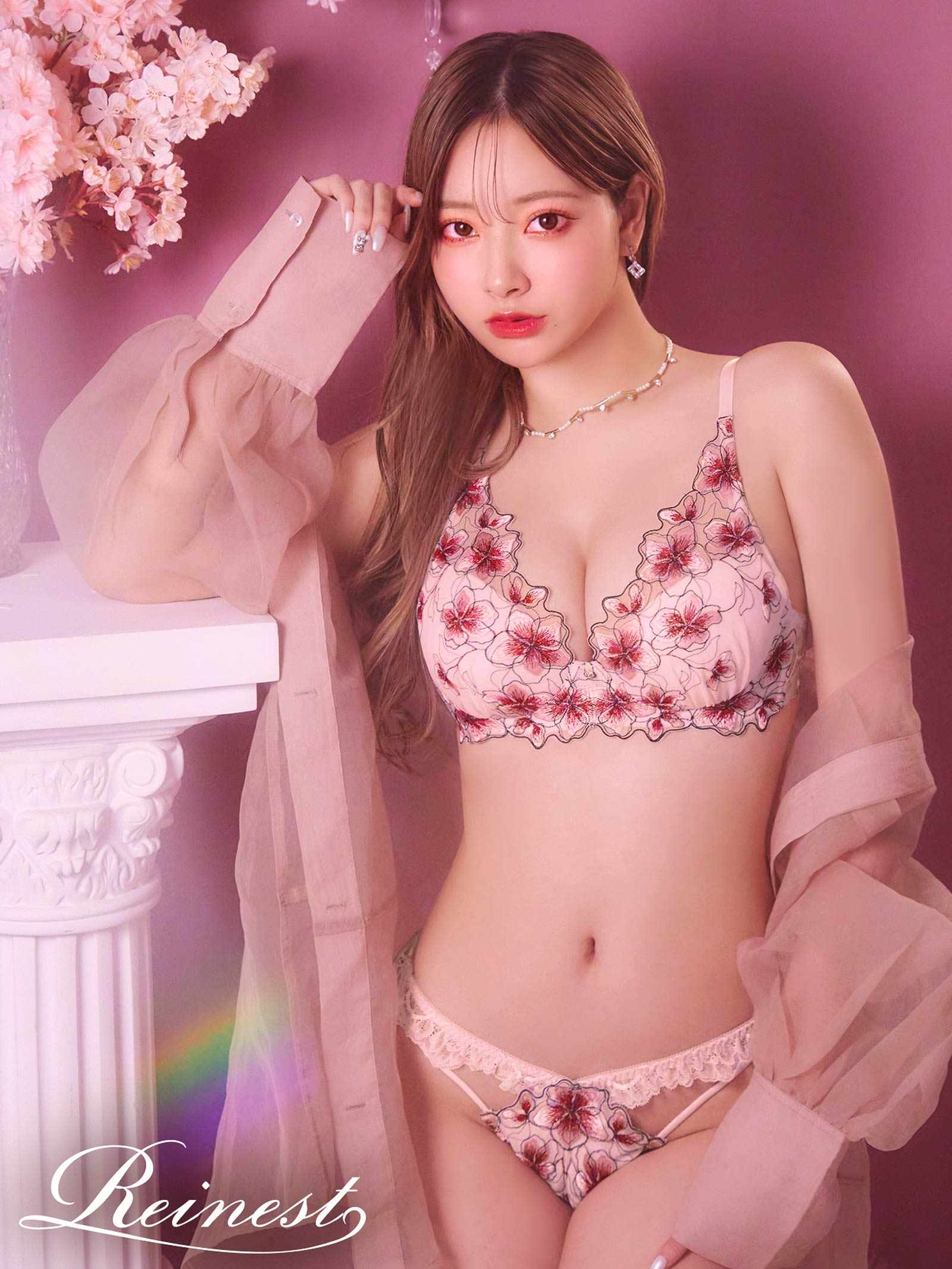 3/1新作!【Reinest】プルメリアエンブロイダリーブラジャー&バック透けフルバックショーツ