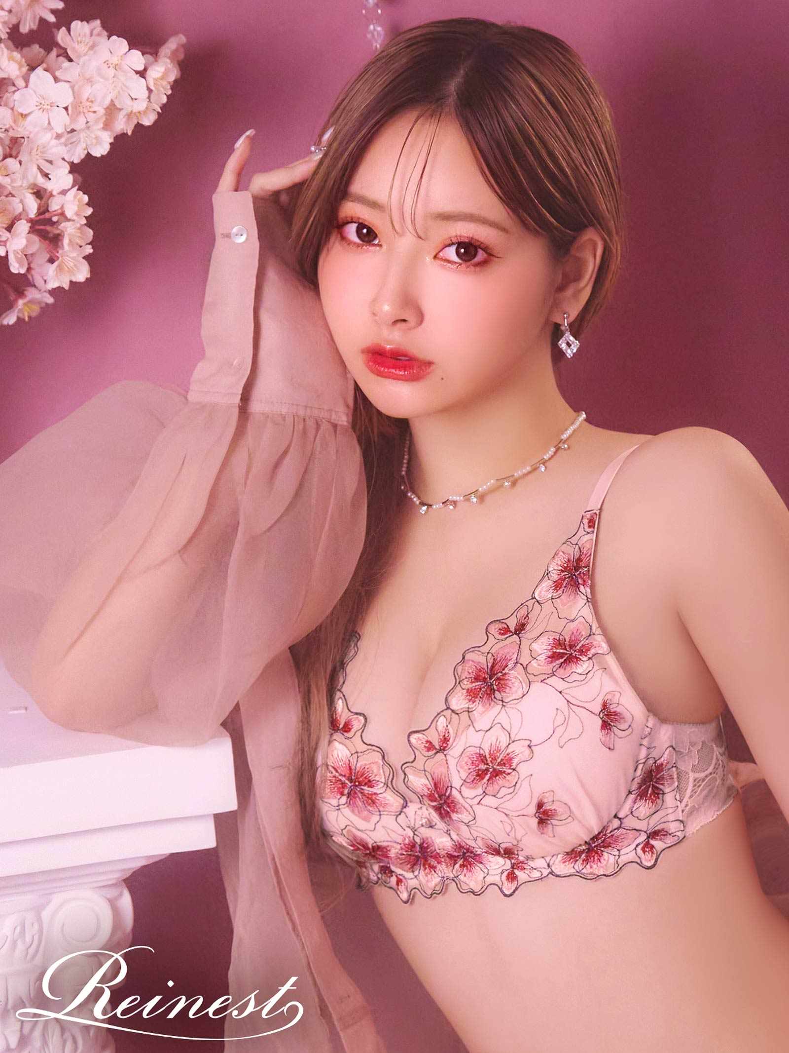 3/1新作!【Reinest】プルメリアエンブロイダリーブラジャー&バック透けフルバックショーツ