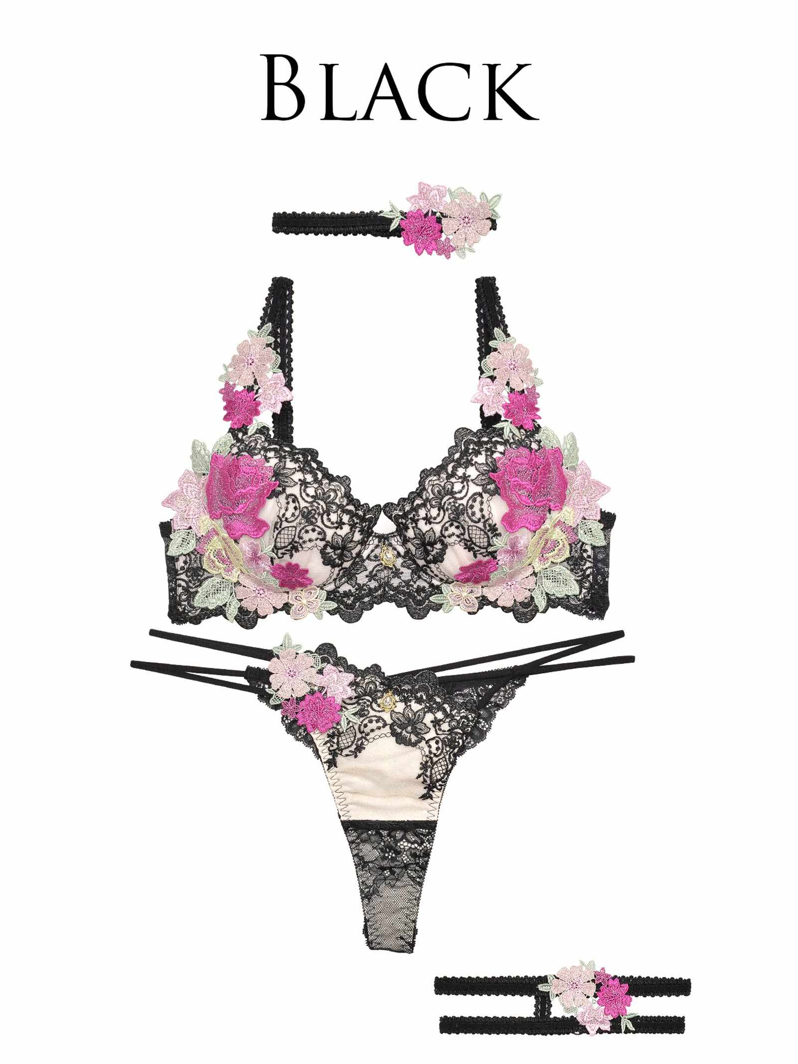 4/10新作!【明日花キララプロデュース/WhipBunny】Dressy Flower Lady Bra&T-back / Black ドレッシーフラワーレディブラ＆Tバック / ブラック