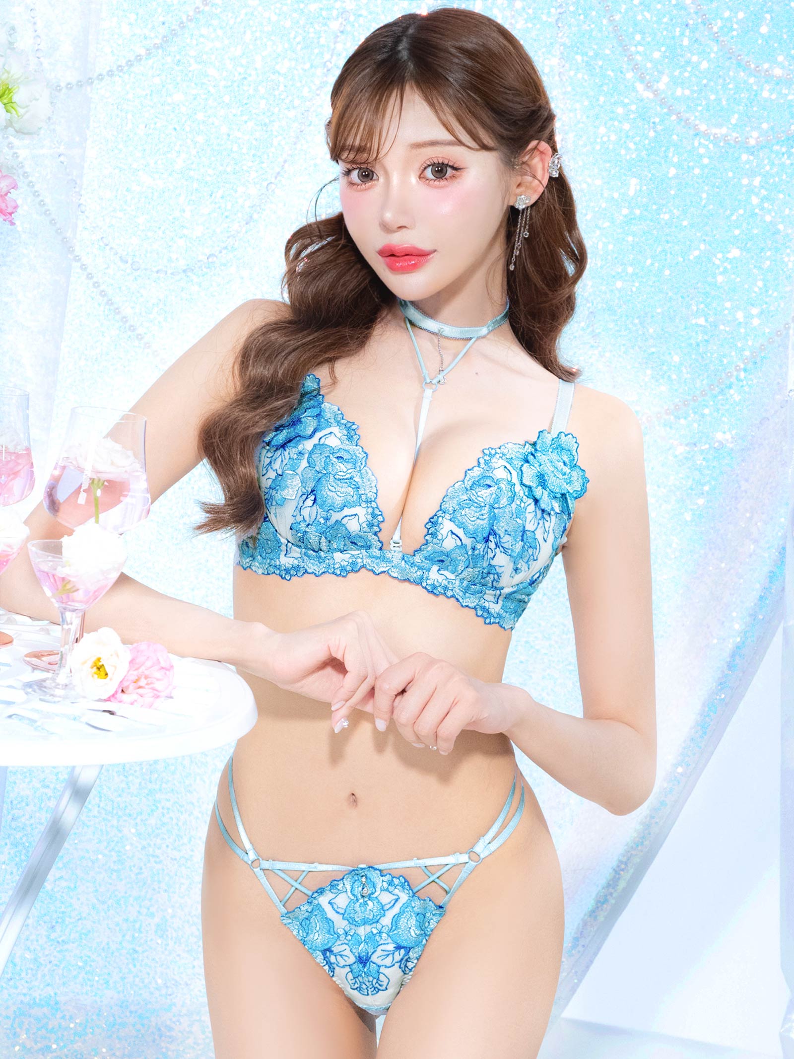 9/18新作!【明日花キララプロデュース/WhipBunny】Venus Shine Flower Choker Bra&Shorts/Sax ヴィーナスシャインフラワーブラ＆ショーツ/サックス