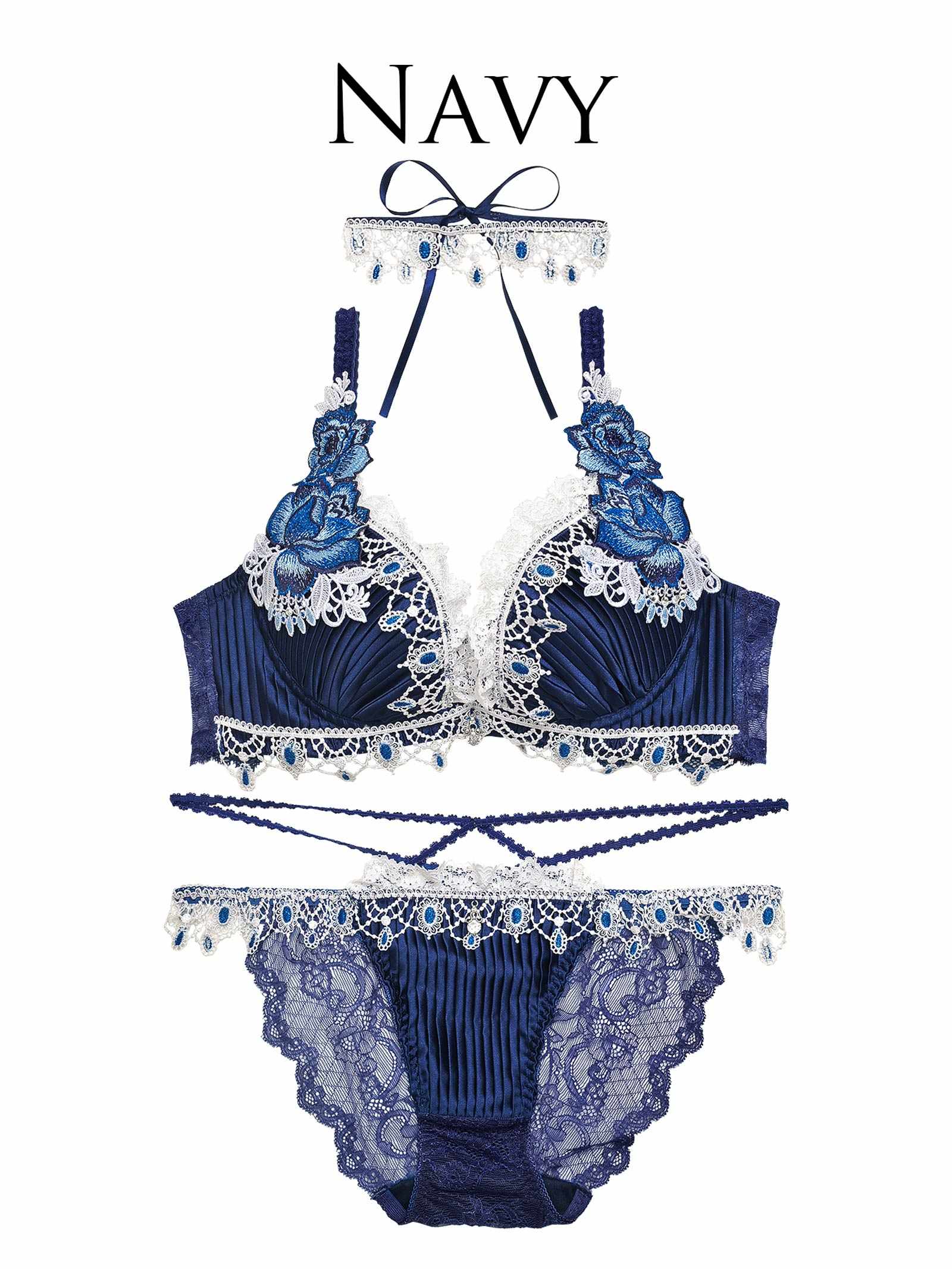 11/18新作!【明日花キララプロデュース-WhipBunny】Luxe Jewelry Pleats Bra&Shorts/Navy リュクスジュエリープリーツブラ＆ショーツ/ネイビー