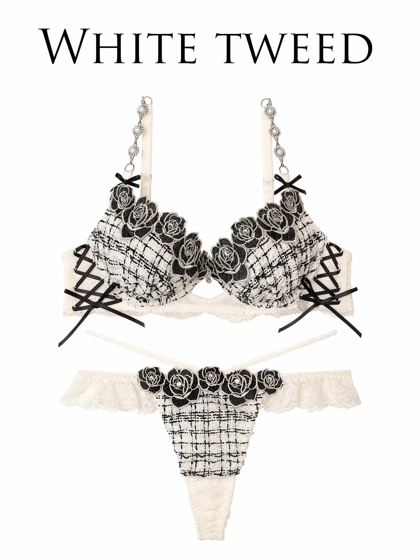 11/11再販!【明日花キララプロデュース/WhipBunny】Tweed Jewelry Rose Bra&T-back / ツイードジュエリーローズブラ＆Tバック