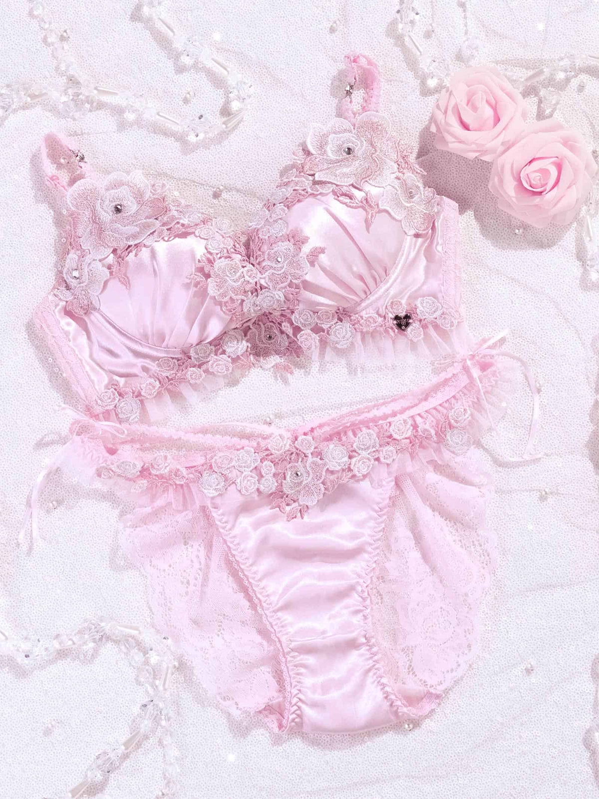 10/9新作!【明日花キララプロデュース/WhipBunny】Glossy Satin Rose Bra&Shorts / グロッシーサテンローズブラ＆ショーツ