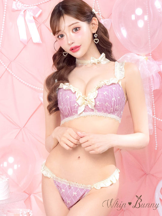 【明日花キララプロデュース/WhipBunny】Ballet Ribbon Argyle Choker Bra&Shorts/Mauve Pink バレエリボンアーガイルブラ＆ショーツ/モーブピンク