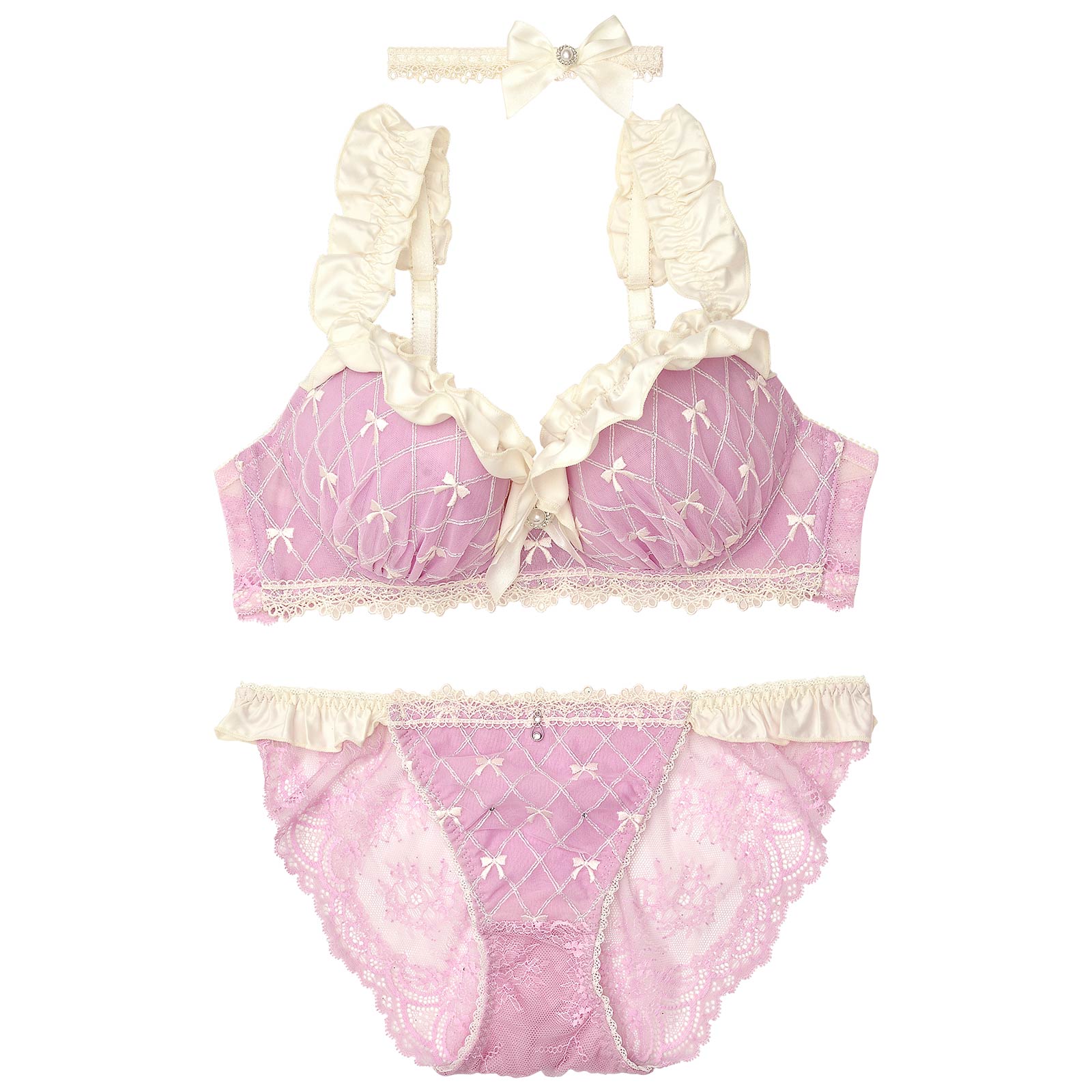 10/25再販!【明日花キララプロデュース/WhipBunny】Ballet Ribbon Argyle Choker Bra&Shorts/Mauve Pink バレエリボンアーガイルブラ＆ショーツ/モーブピンク