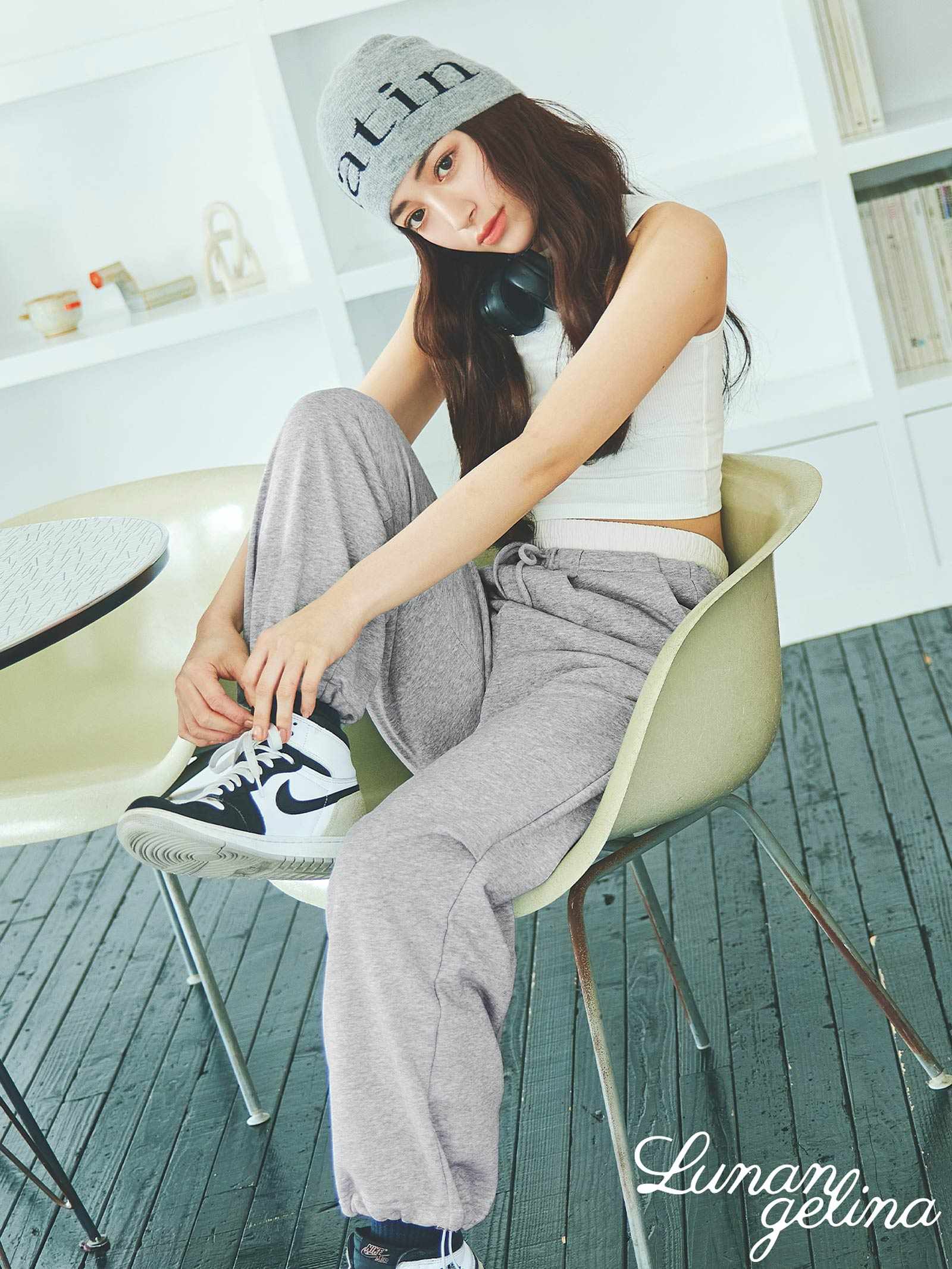 5/13新作!【吉木千沙都(ちぃぽぽ)プロデュース/lunangelina】Double Waist Sweat Pants ダブル ウエスト スウェット パンツ Gray / グレー