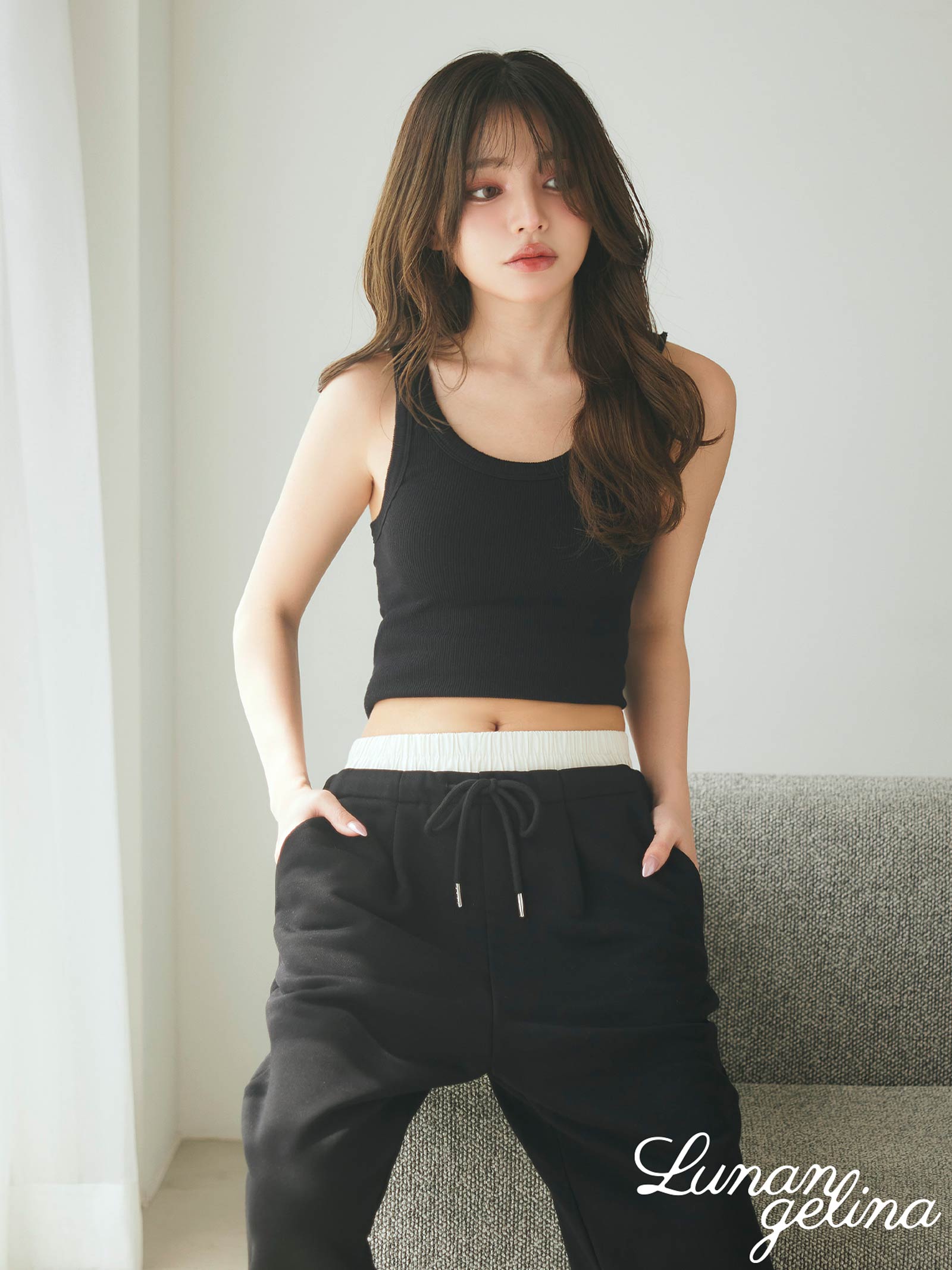 【吉木千沙都(ちぃぽぽ)プロデュース/lunangelina】Double Waist Sweat Pants ダブル ウエスト スウェット パンツ Black / ブラック