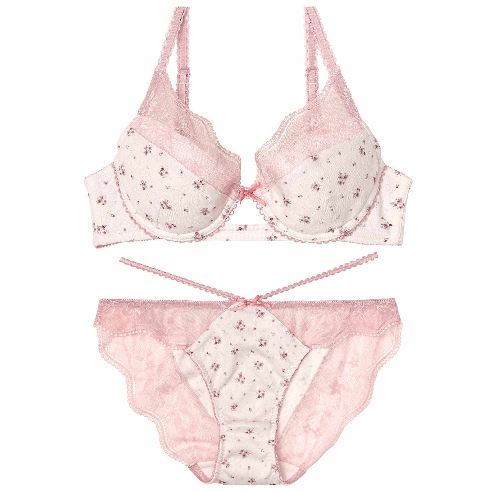 【YouTuber流那プロデュース/Lulumerry】フラワープリントリブ 盛りもっと ブラジャー&ショーツ /ピンク