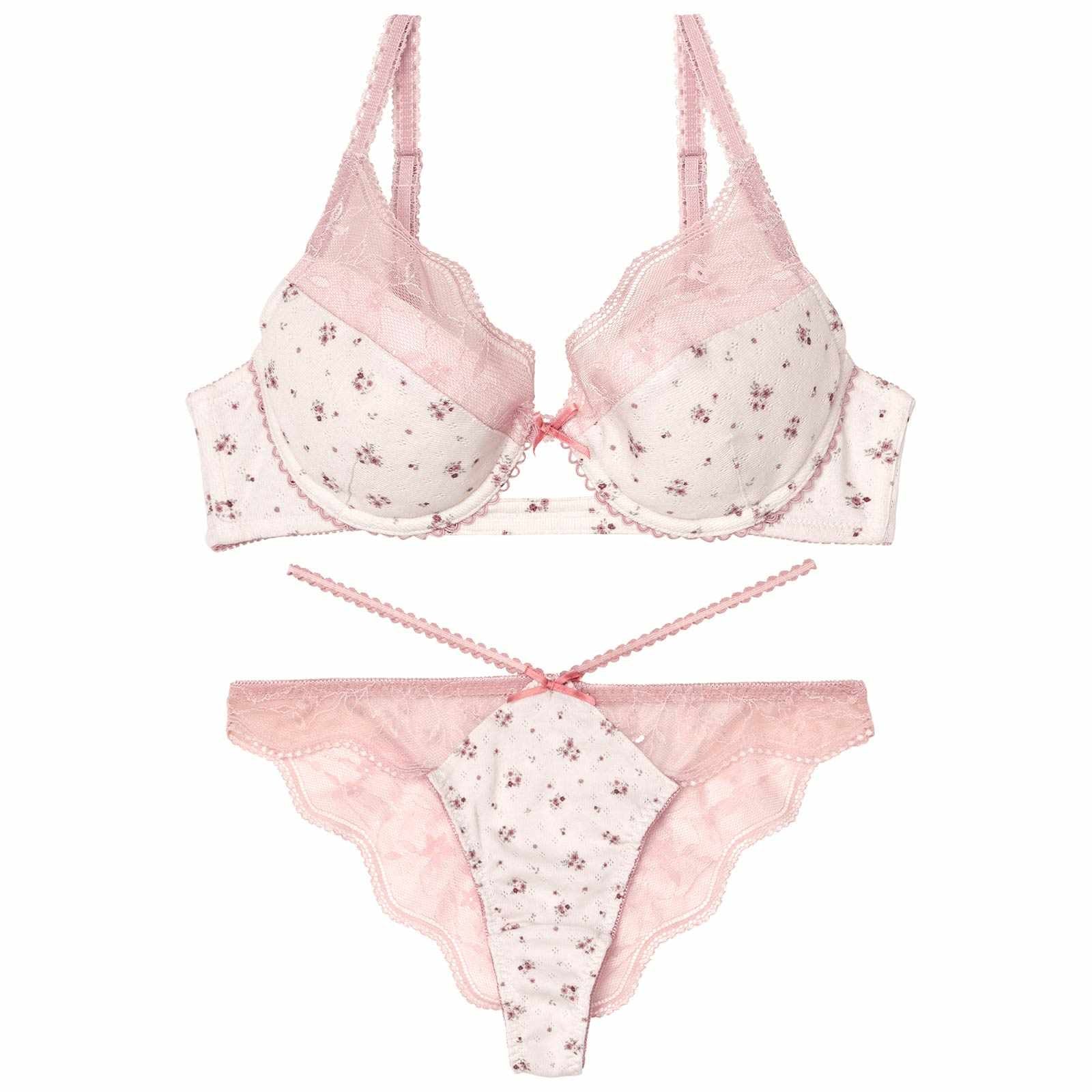 【YouTuber流那プロデュース/Lulumerry】フラワープリントリブ 盛りもっと ブラジャー&ショーツ /ピンク