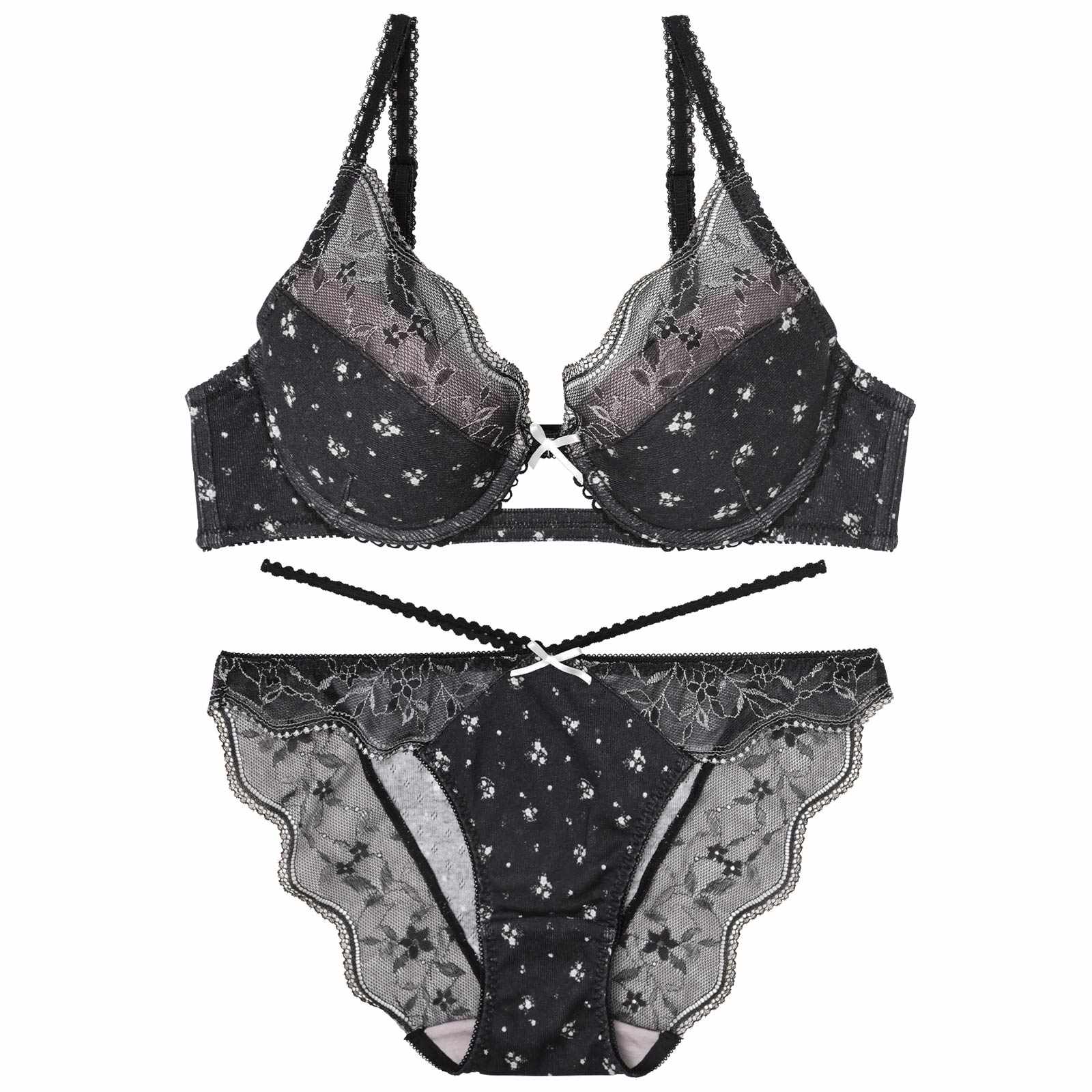 【YouTuber流那プロデュース/Lulumerry】フラワープリントリブ 盛りもっと ブラジャー&ショーツ /ブラック