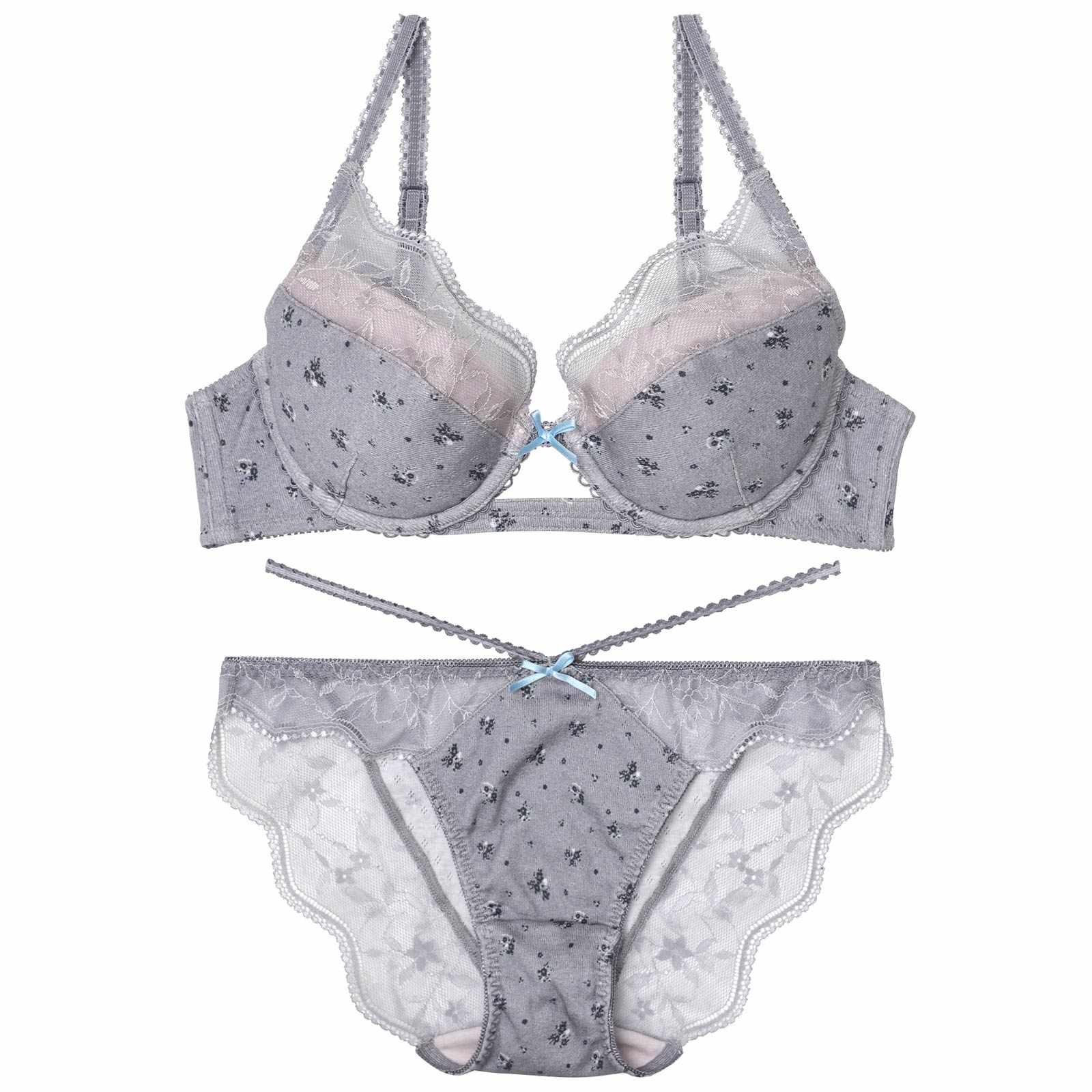 【YouTuber流那プロデュース/Lulumerry】フラワープリントリブ 盛りもっと ブラジャー&ショーツ /グレー