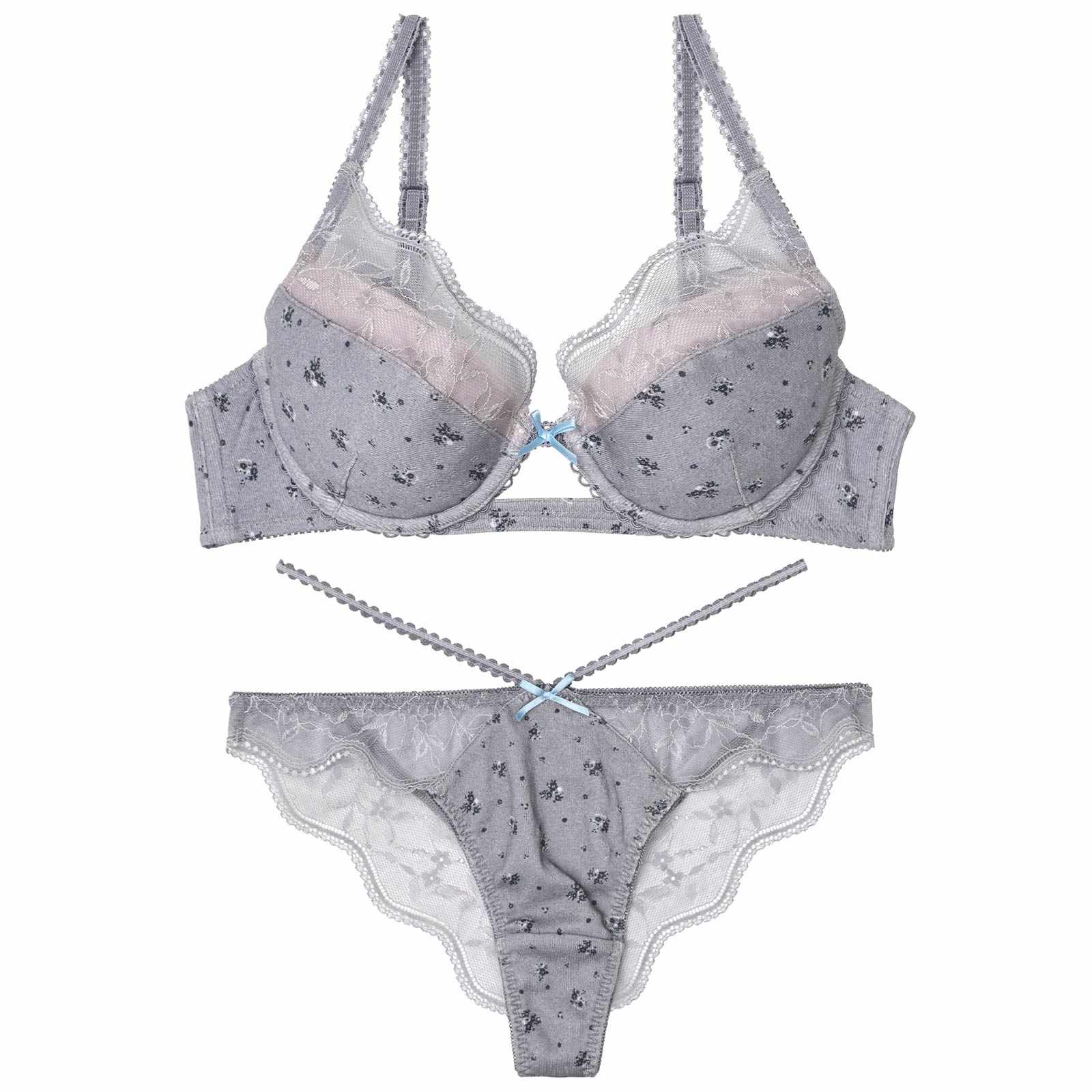 【YouTuber流那プロデュース/Lulumerry】フラワープリントリブ 盛りもっと ブラジャー&ショーツ /グレー