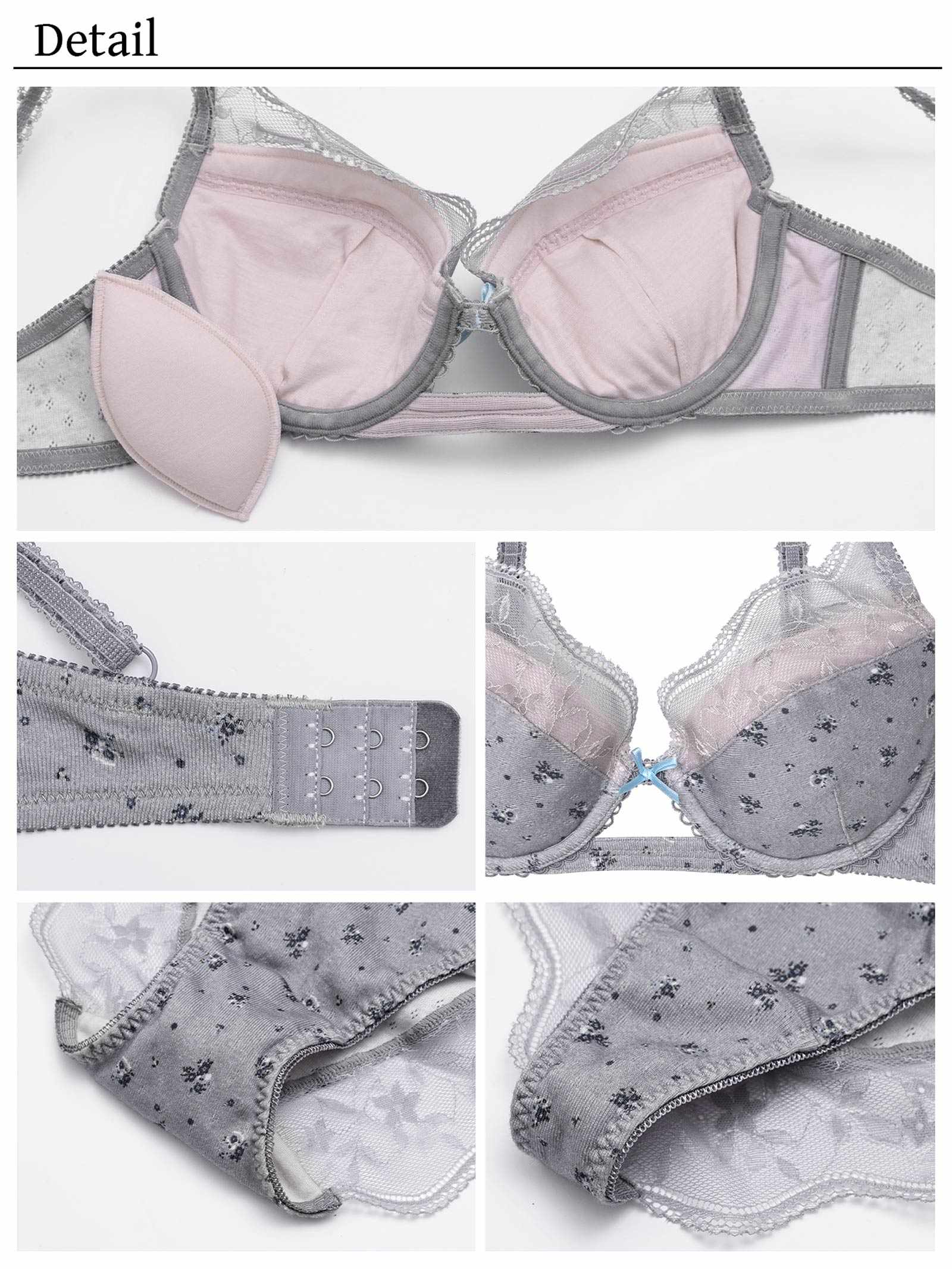 【YouTuberるなプロデュース/Lulumerry】フラワープリントリブ 盛りもっと ブラジャー&ショーツ /グレー