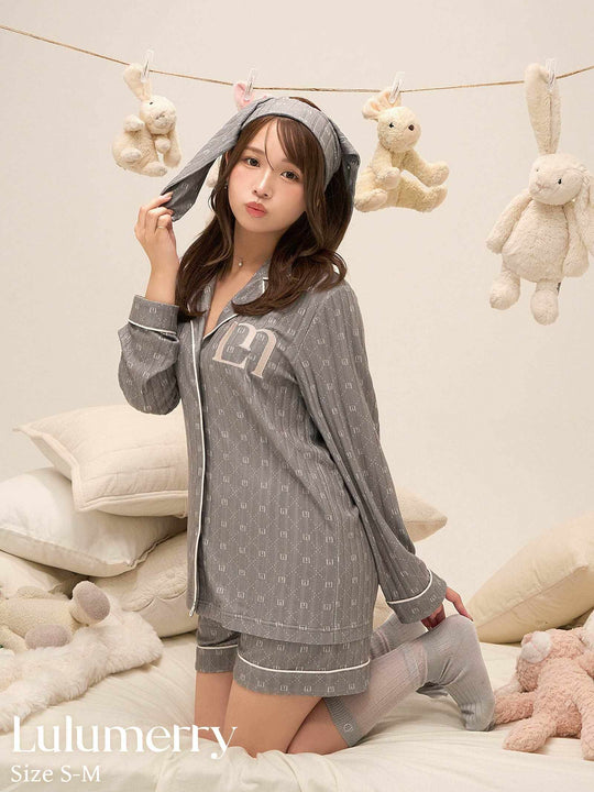 11/26新作!【YouTuber流那プロデュース/Lulumerry】モノグラムラビット ルームウェア レディーストップス&ショートパンツ&ヘアバンドセット /グレーラビット（GRAY）
