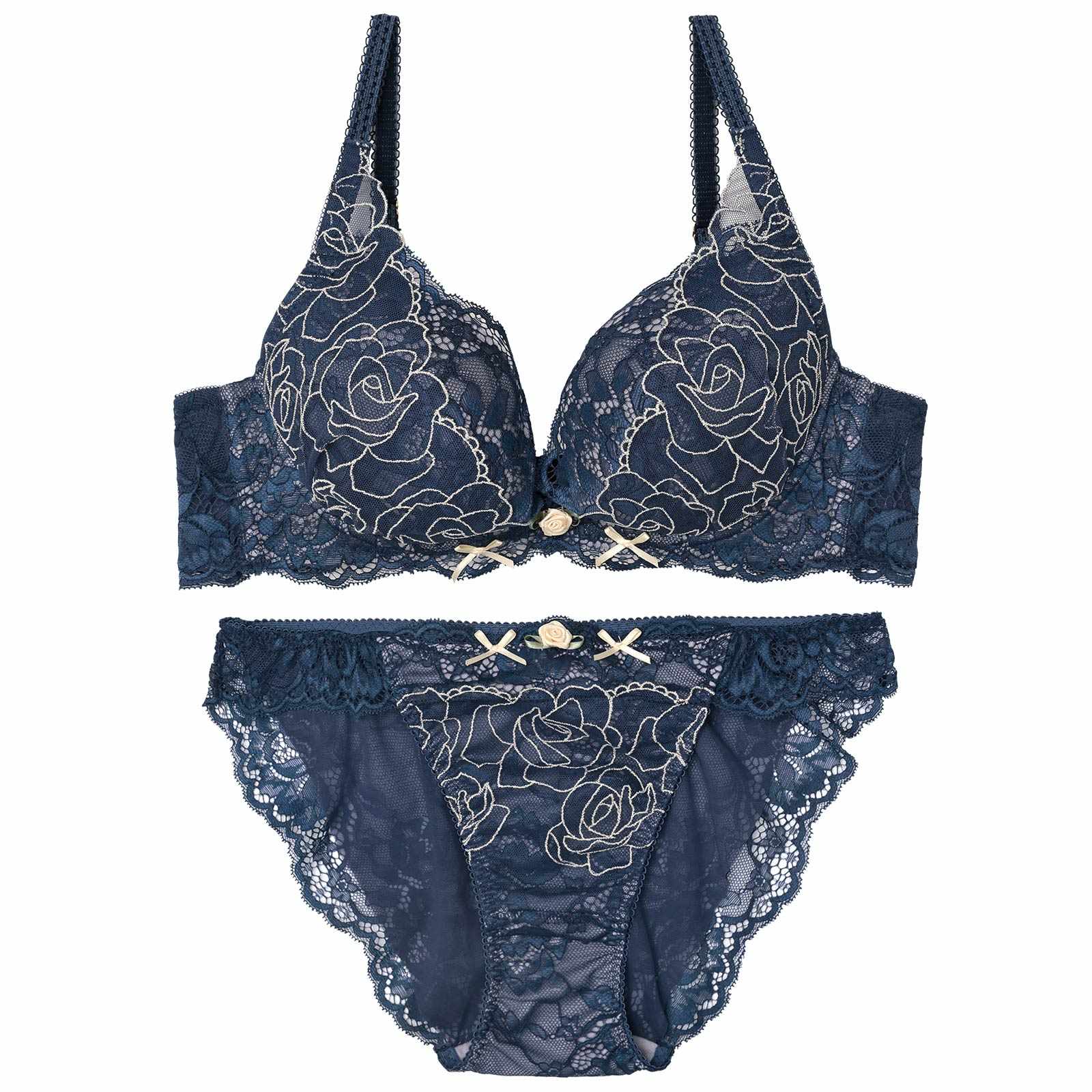 【YouTuber流那プロデュース/Lulumerry】ラメローズリボン 盛りもっと ブラジャー&ショーツ /ネイビー