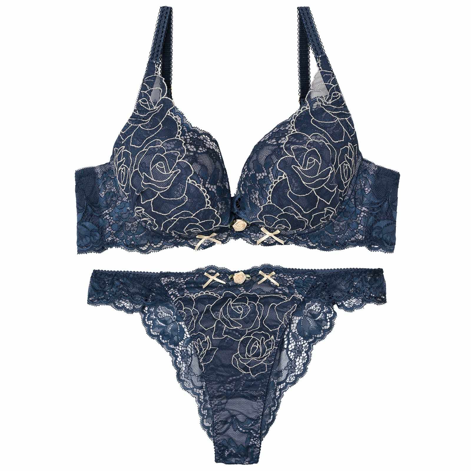 【YouTuber流那プロデュース/Lulumerry】ラメローズリボン 盛りもっと ブラジャー&ショーツ /ネイビー