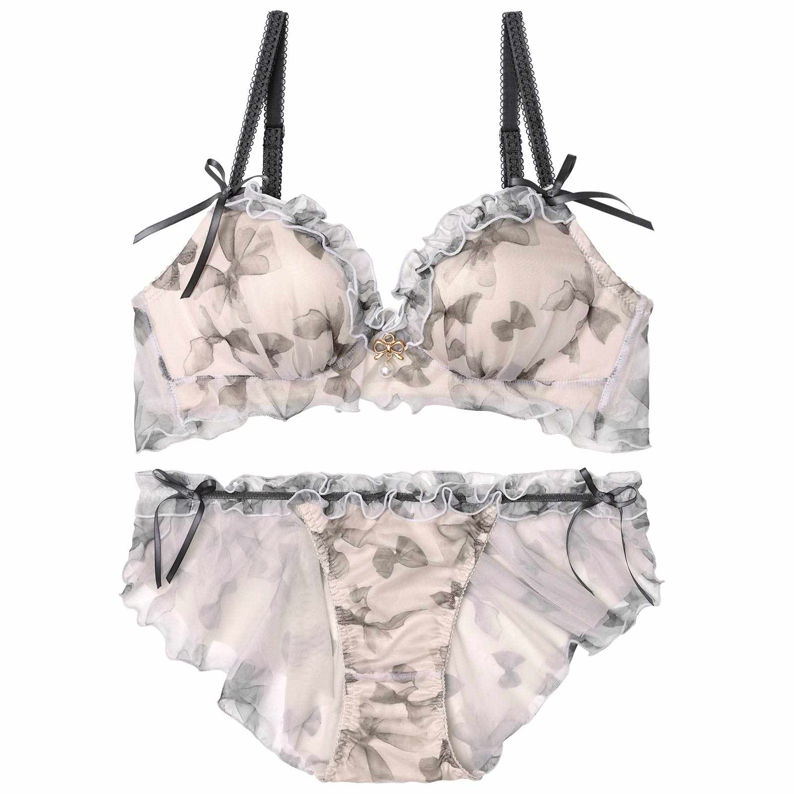 【YouTuber流那プロデュース/Lulumerry】リボンプリントフリル まんま”るな” ブラジャー&ショーツ / アイボリー