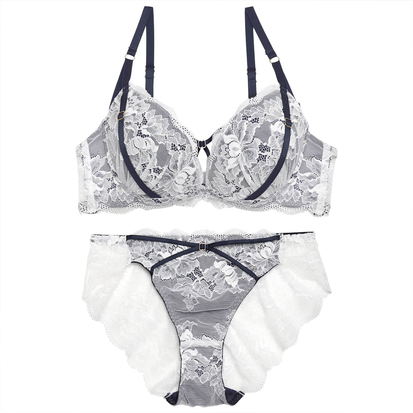 【YouTuber流那プロデュース/Lulumerry】レーシークロス 盛りもっと ブラジャー&ショーツ / ホワイト×ネイビー