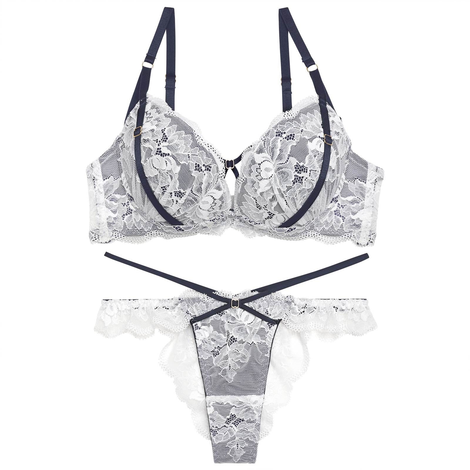 【YouTuber流那プロデュース/Lulumerry】レーシークロス 盛りもっと ブラジャー&ショーツ / ホワイト×ネイビー