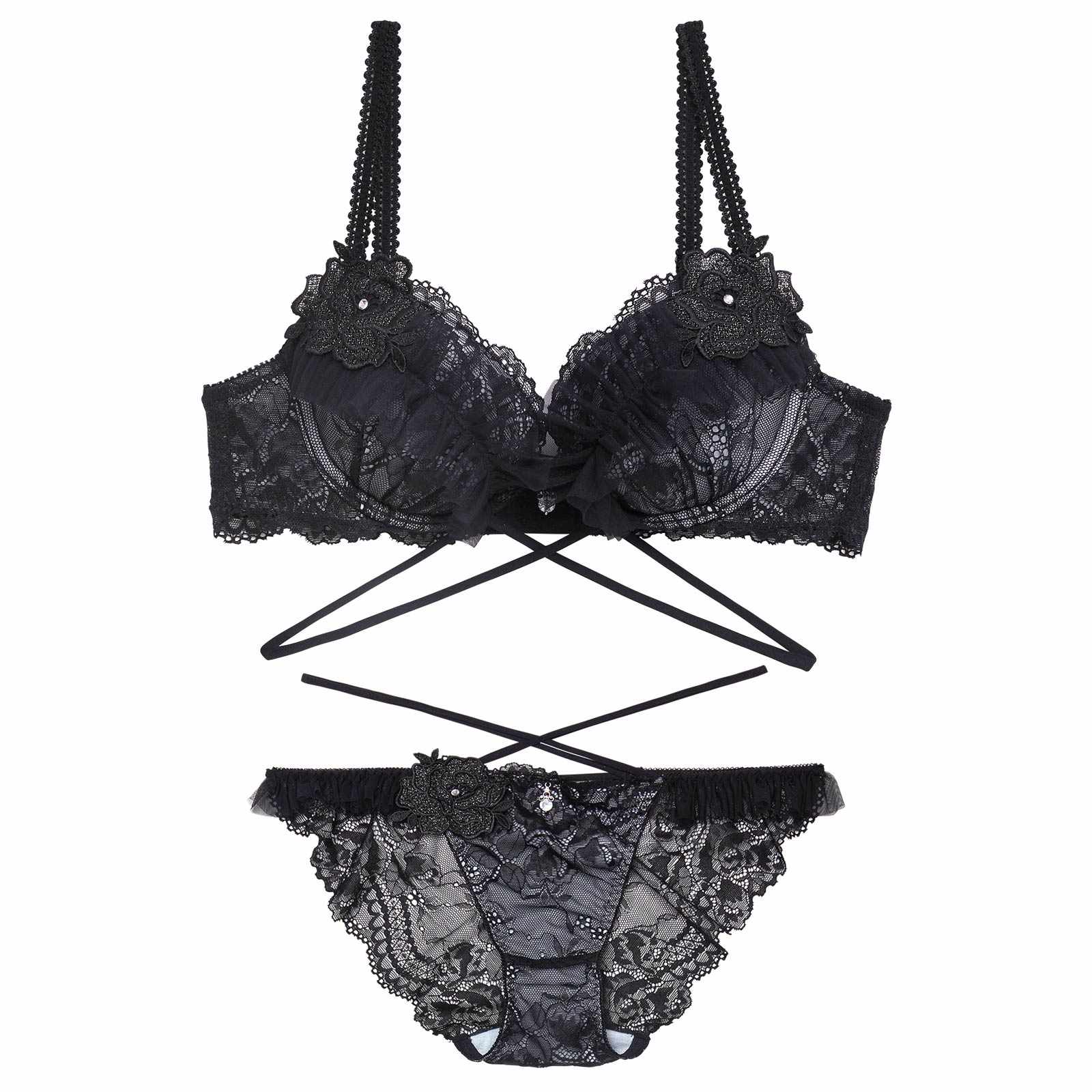 1/30新作!【伊藤桃々プロデュース/Rosem】ロイヤルプリーツレーシーブラセット/ブルーブラック