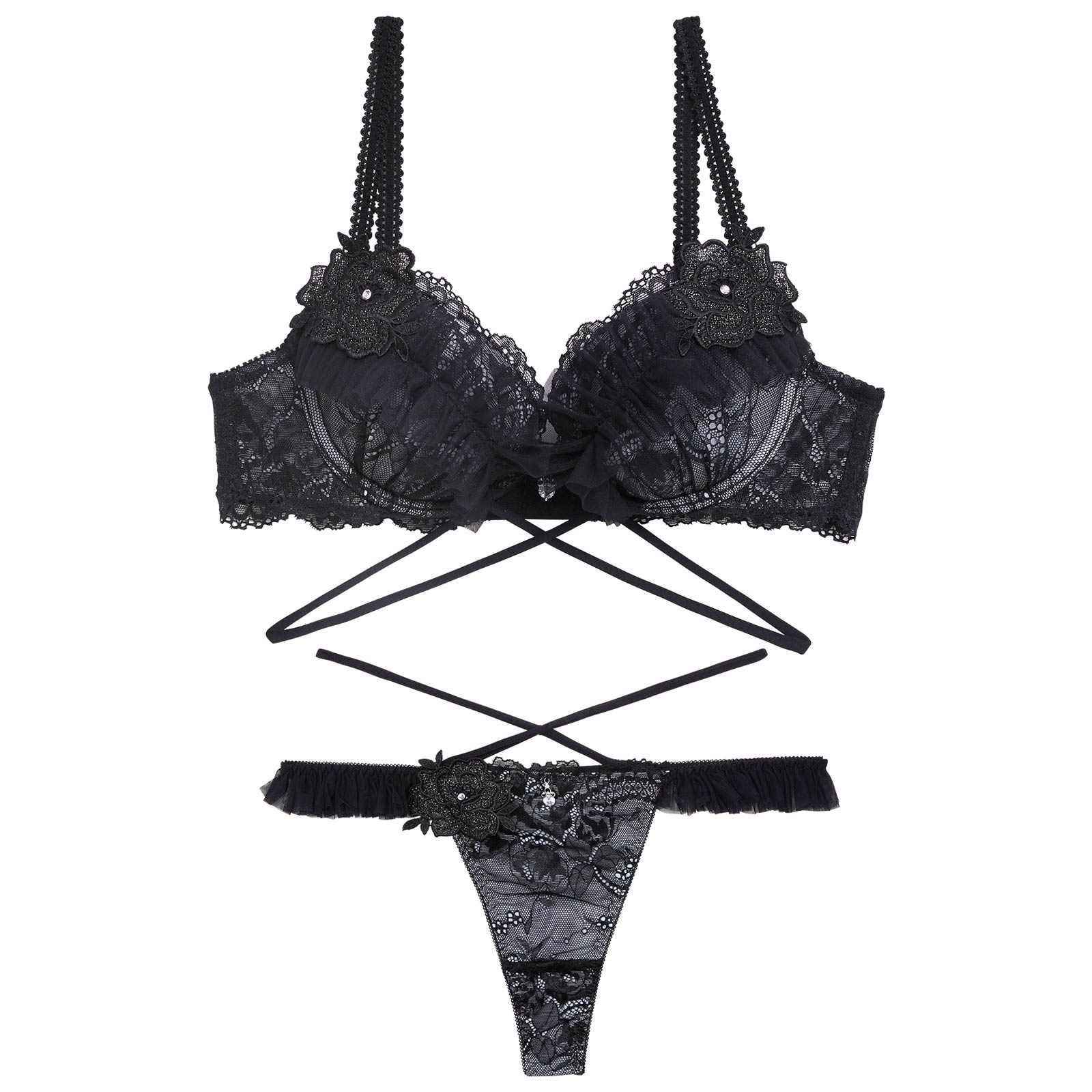 1/30新作!【伊藤桃々プロデュース/Rosem】ロイヤルプリーツレーシーブラセット/ブルーブラック