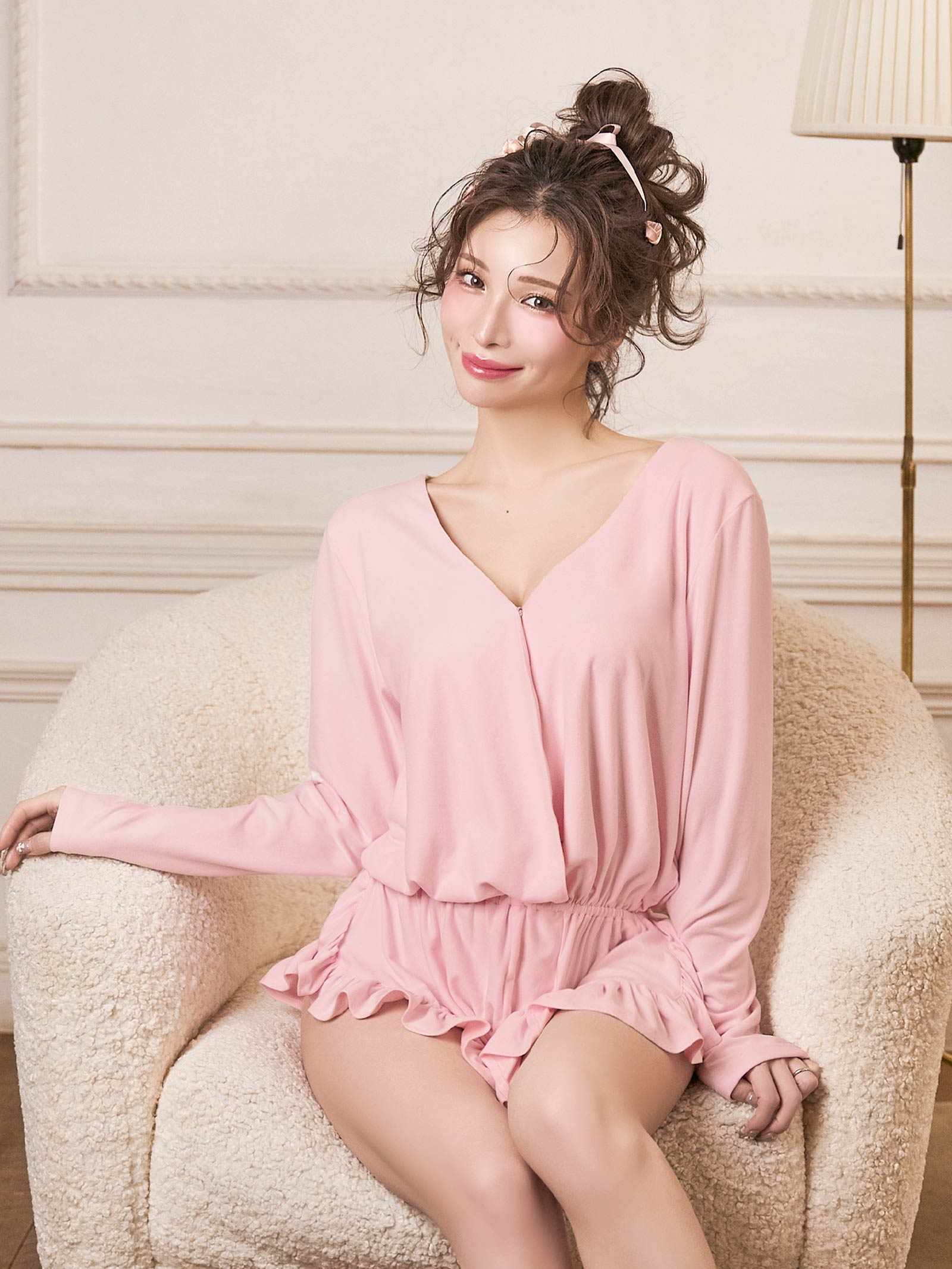 【Mivera＆/みゆうプロデュース】Belle Drape Rompers　ベルドレープロンパース/PINK