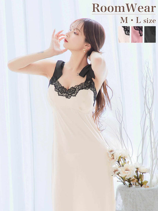 サテンレースショルダーリボンワンピースルームウェア