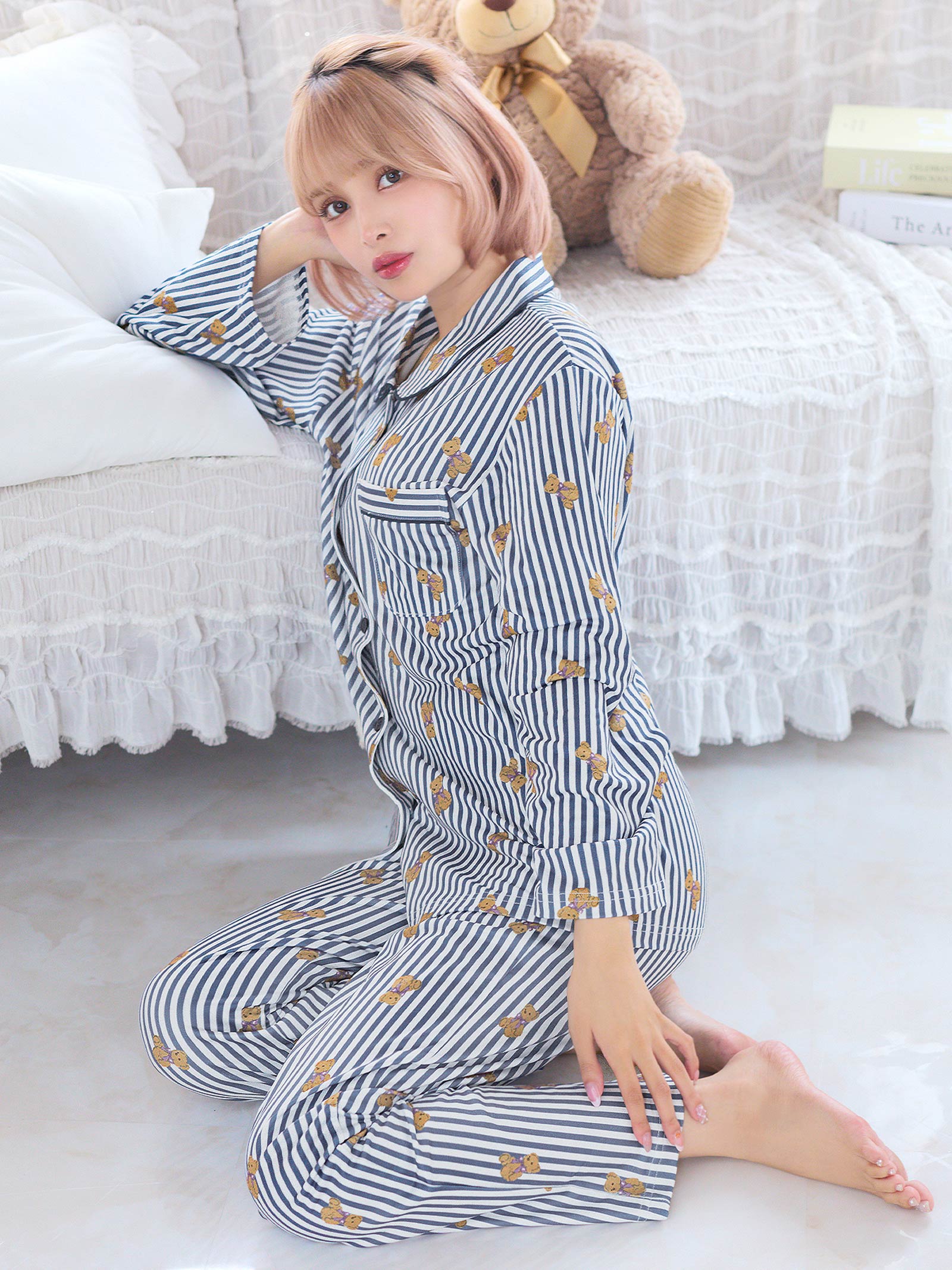 11/17新作!テディベアストライプ長袖トップス&ロングパンツルームウェア