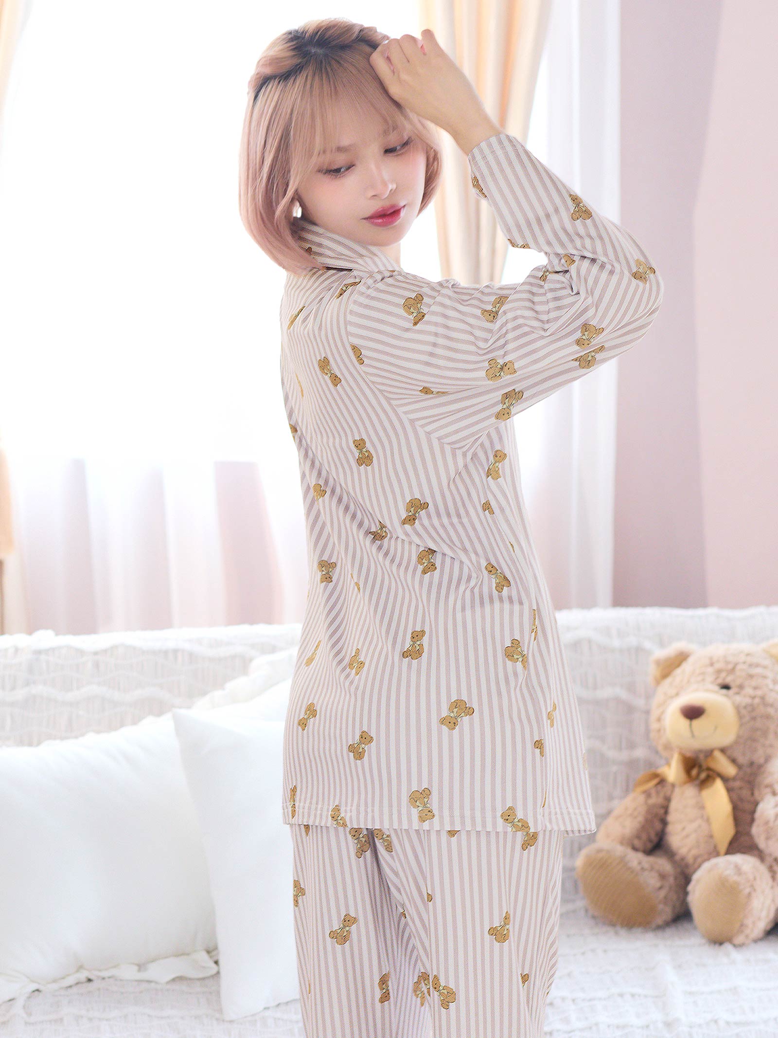 11/17新作!テディベアストライプ長袖トップス&ロングパンツルームウェア