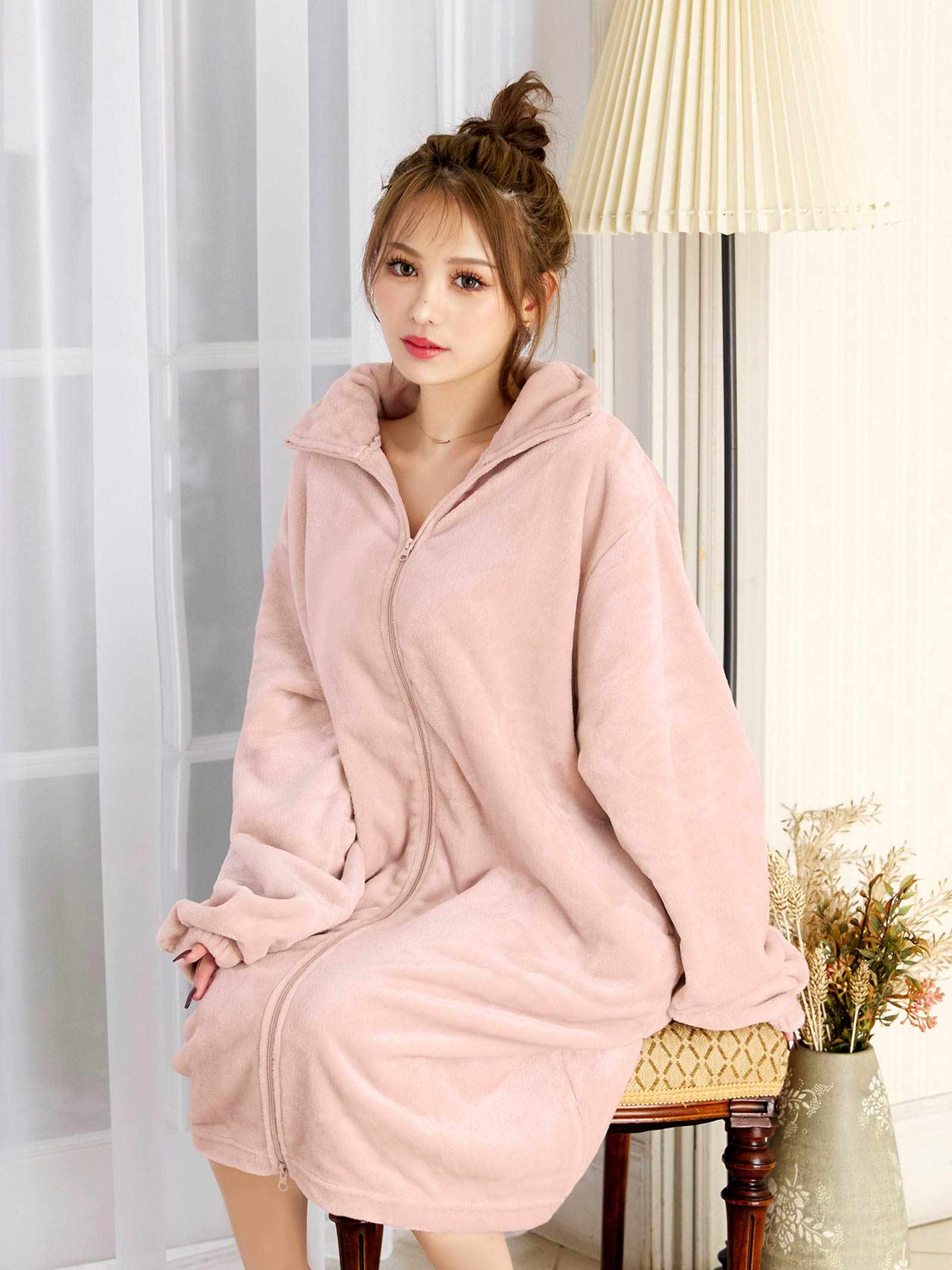 11/12新作!ジップアップモコモコワンピースルームウェア