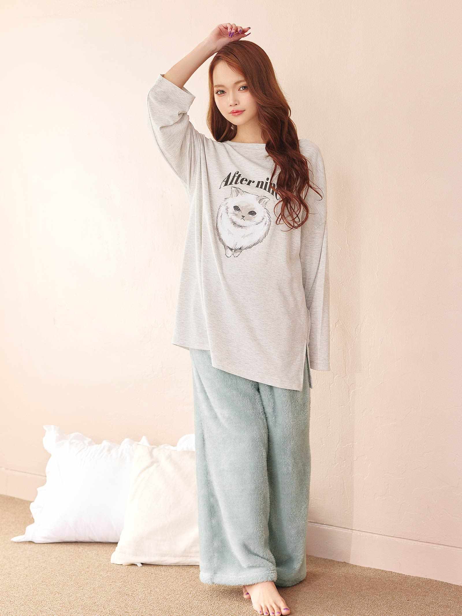 11/19新作!チャーミングキャット長袖トップス&ふわふわロングパンツルームウェア