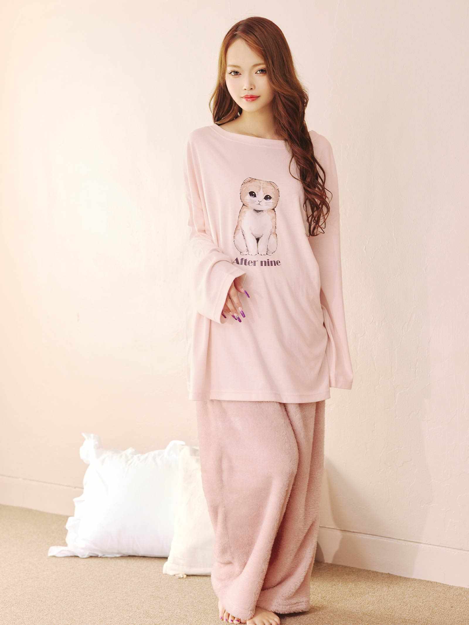 11/19新作!チャーミングキャット長袖トップス&ふわふわロングパンツルームウェア