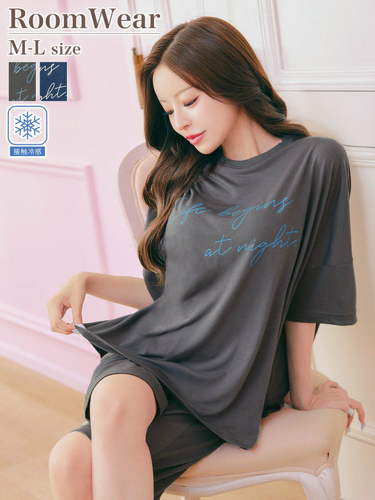 巾着付き五分袖ロゴトップス&ハーフパンツルームウェア