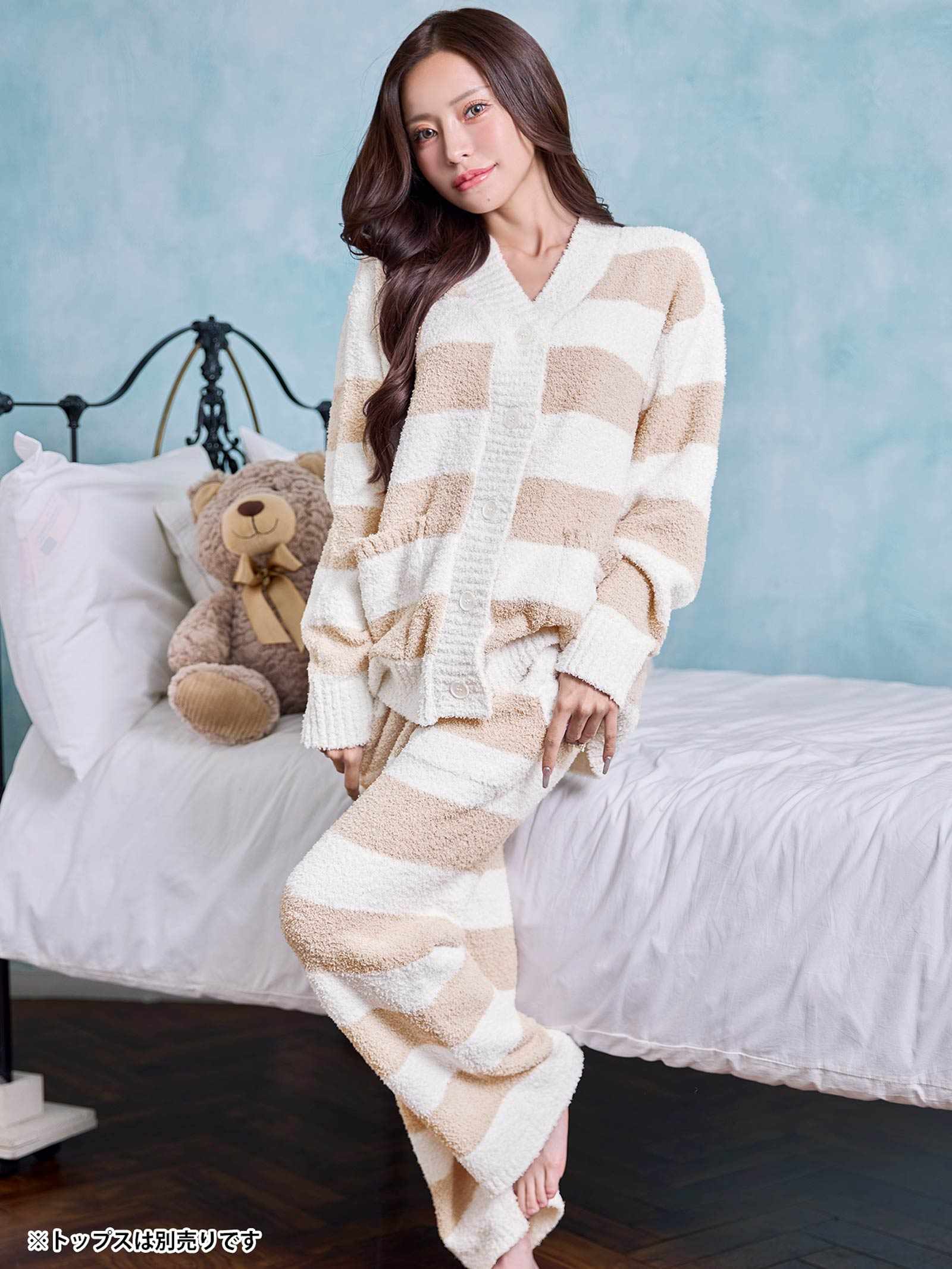 11/24新作!モールニットボーダーロングパンツルームウェア