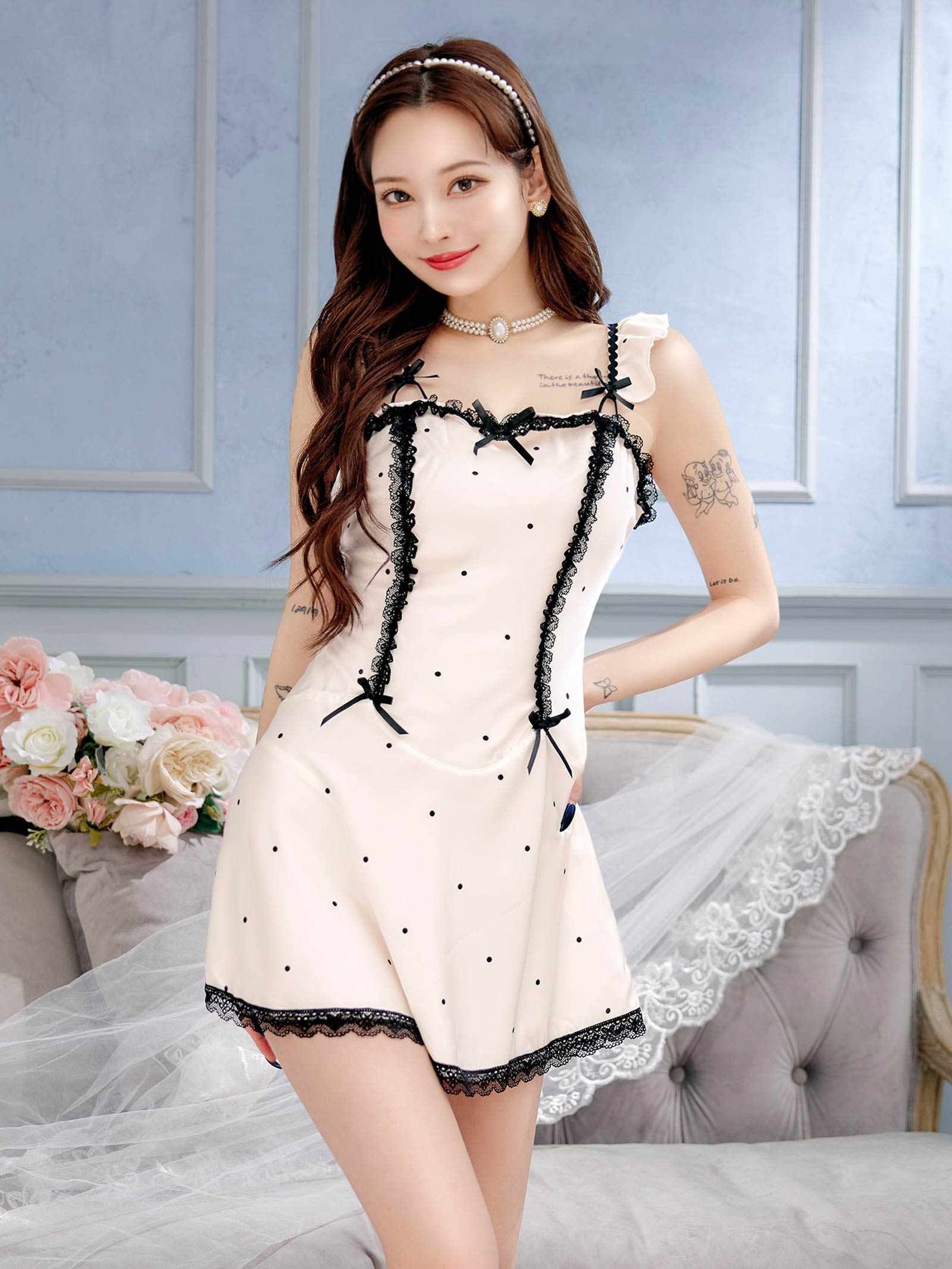 11/19新作!バックレースアップドットリボンベビードール