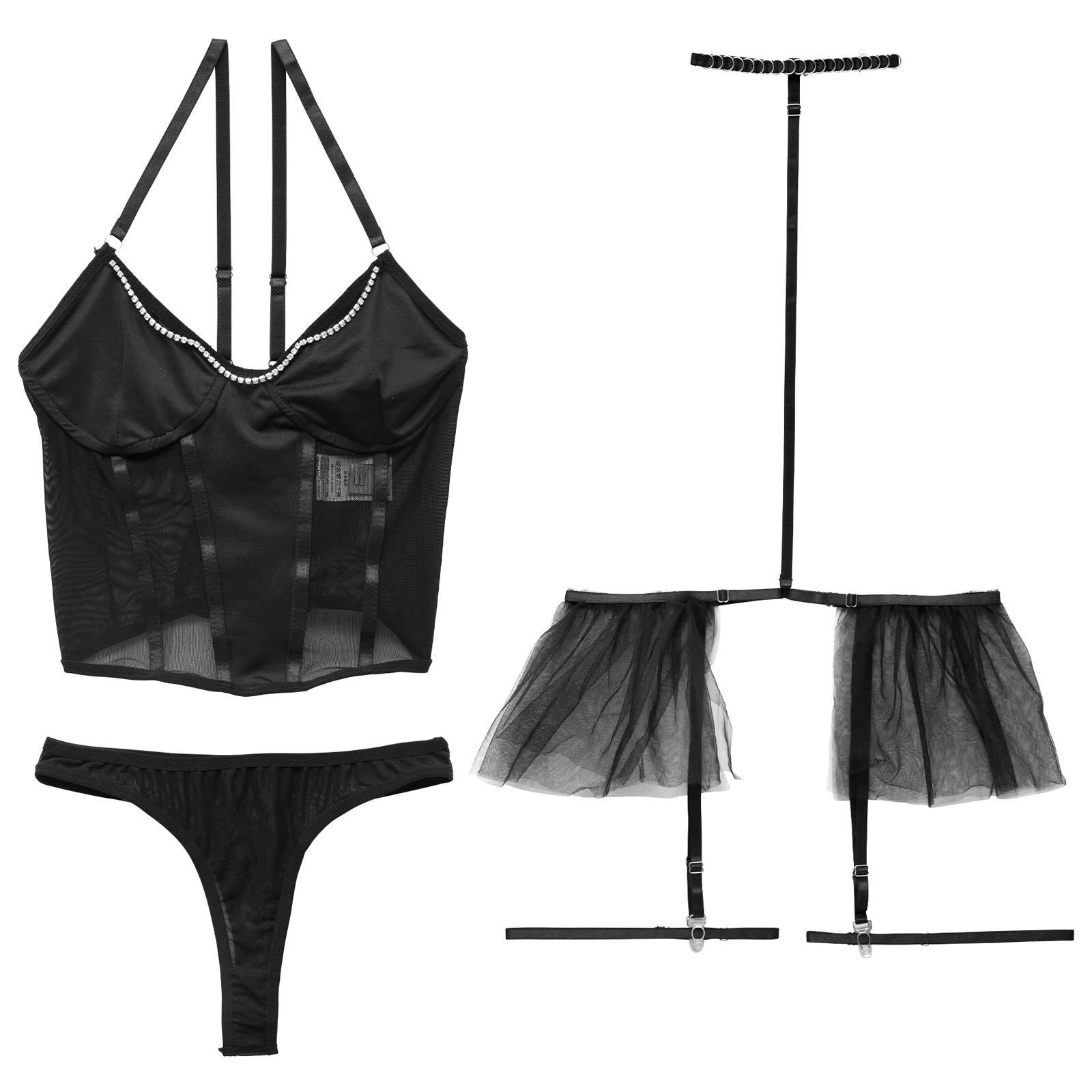 12/4再販!【4点セット】ダークレースアップビジューベビードール