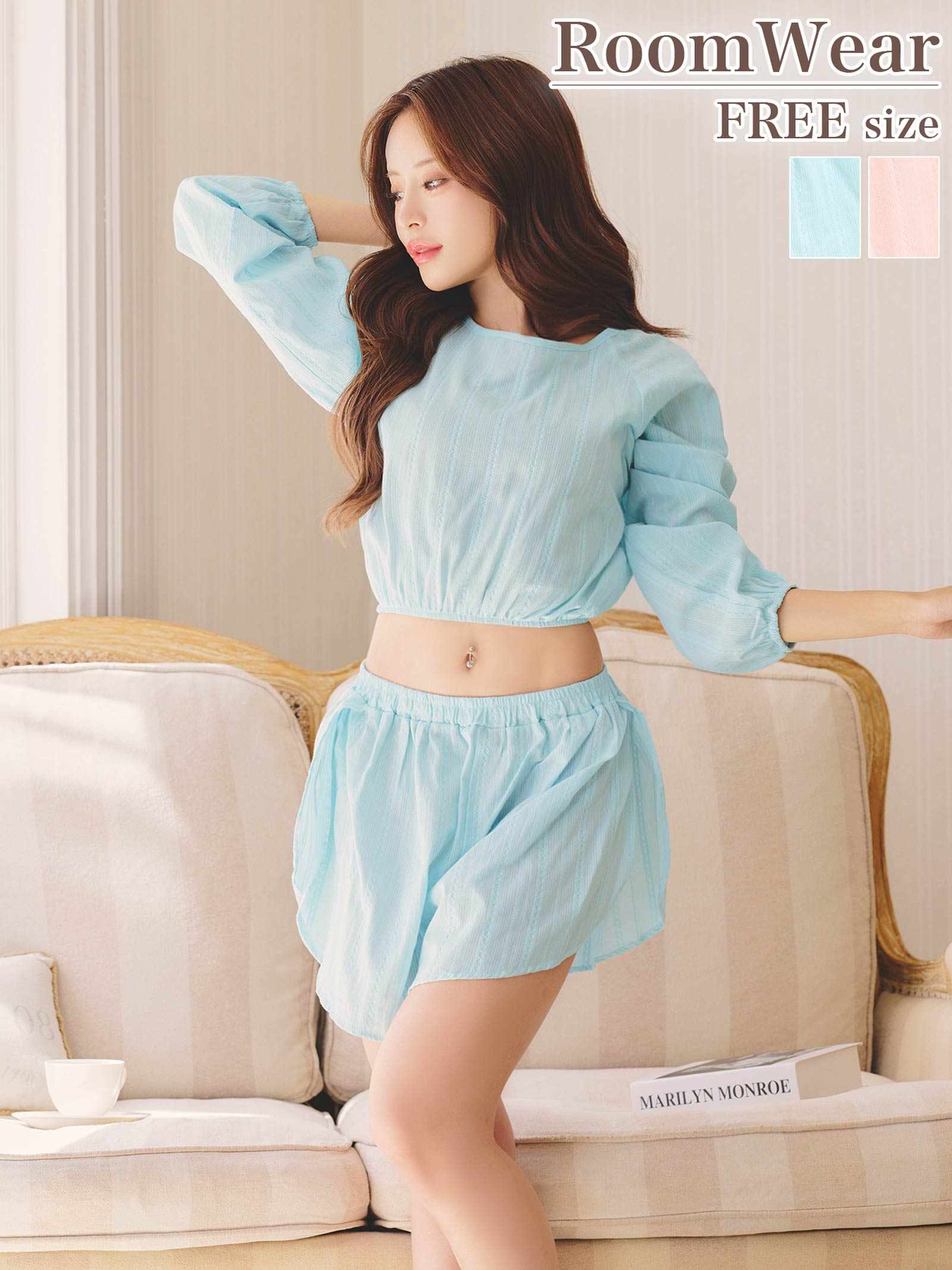 9/19新作!パステルケーブルストライプクロップド丈スウェットトップス&ショートパンツルームウェア