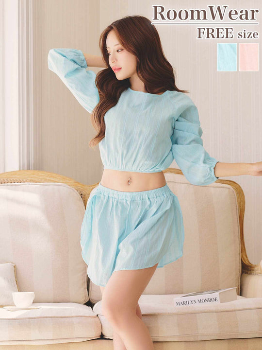 パステルケーブルストライプクロップド丈スウェットトップス&ショートパンツルームウェア